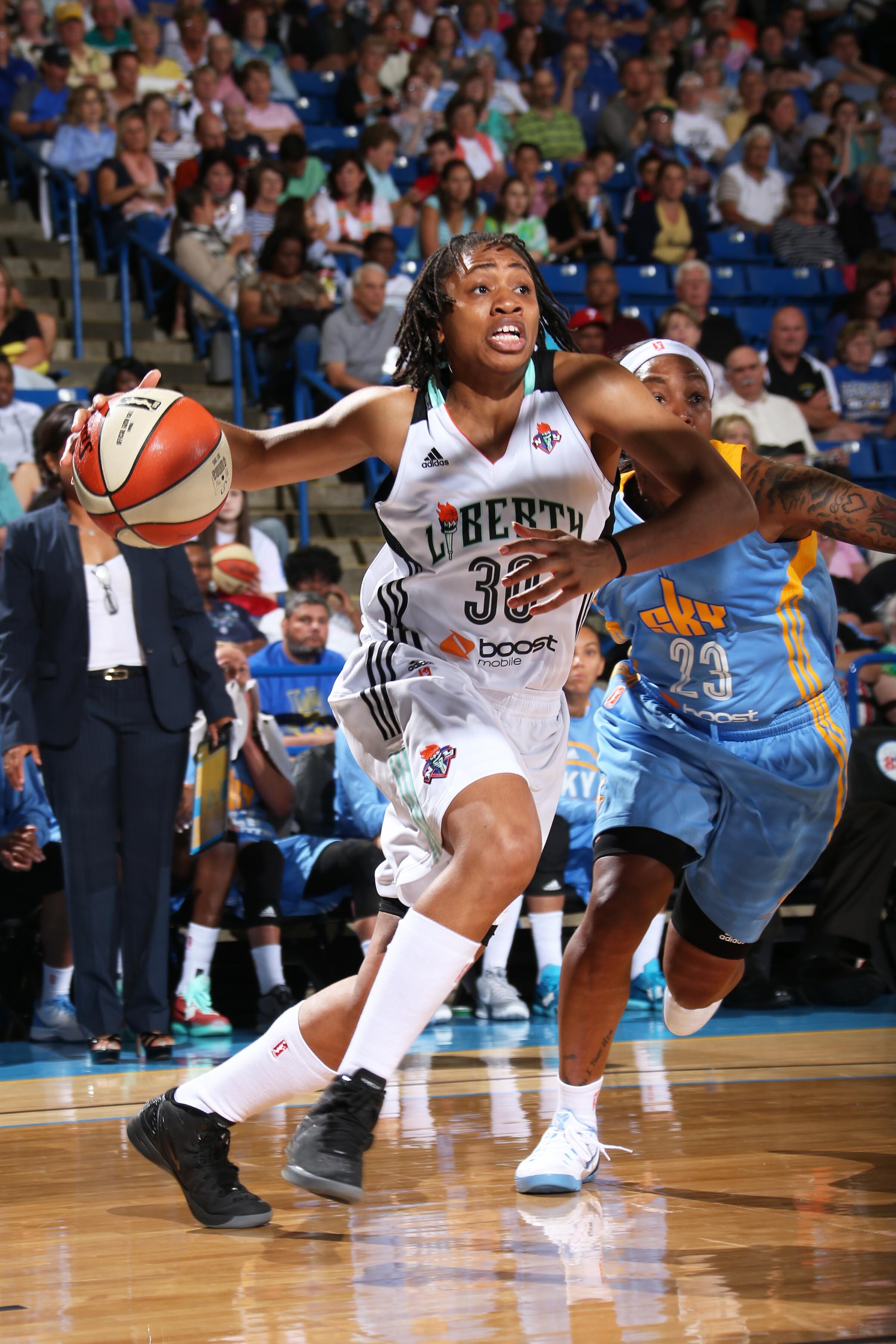 Tanisha Wright #30 of the New York Liberty handles the ball against the Chicago Sky at the Bob Carpenter Center in Newark, DE on May 22, 2015.