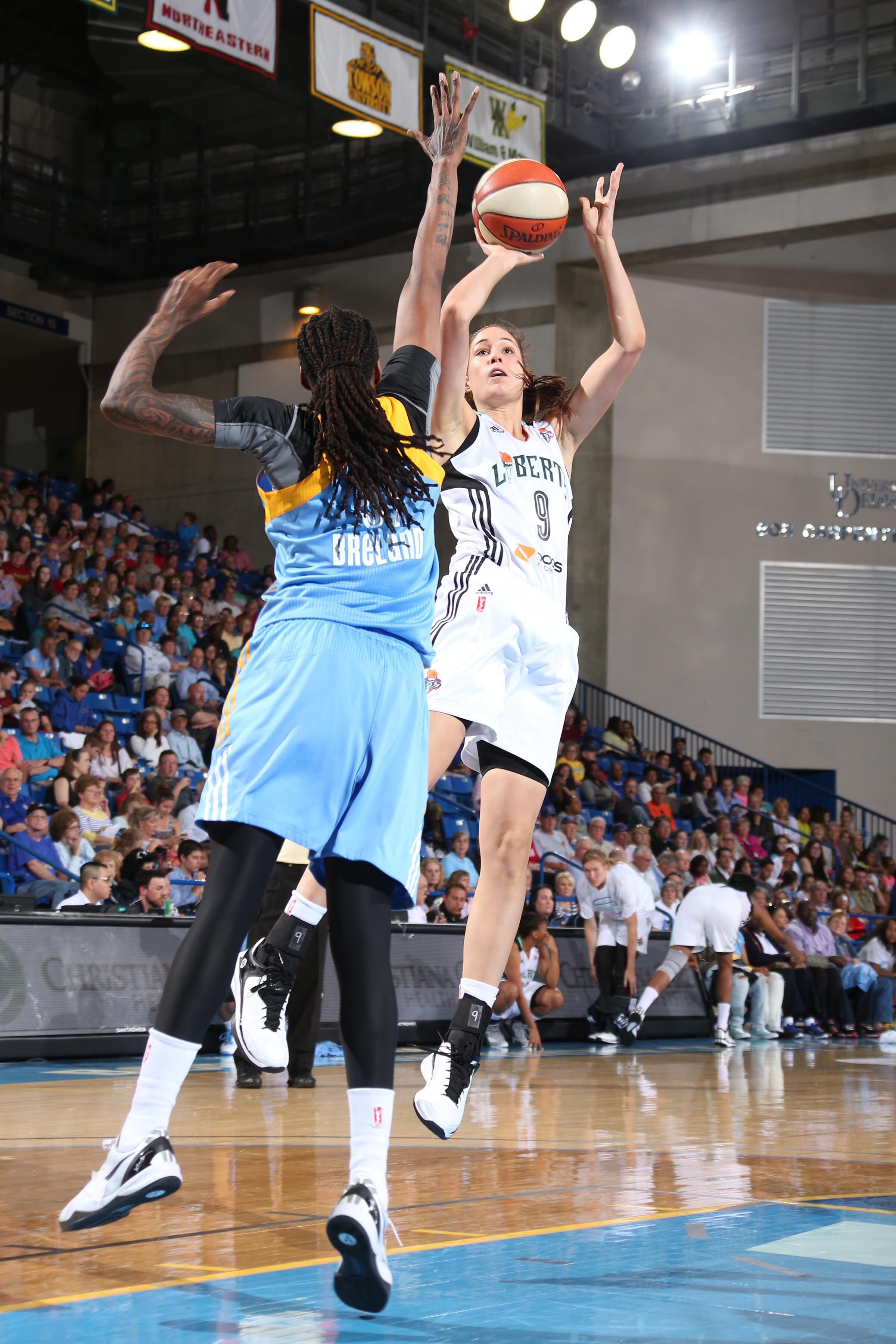 Rebecca Allen #9 of the New York Liberty takes a shot against the Chicago Sky at the Bob Carpenter Center in Newark, DE on May 22.