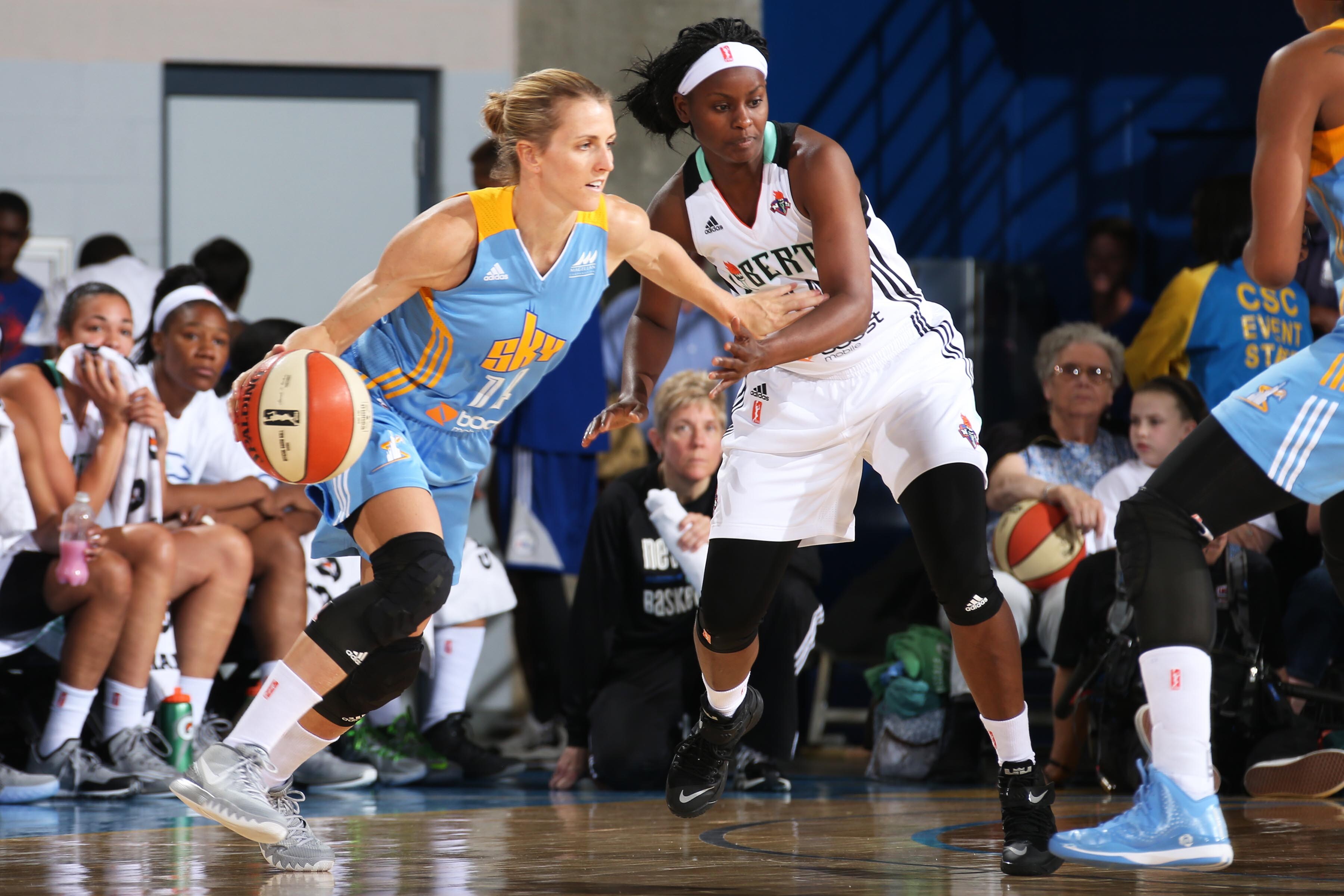 Allie Quigley #14 of the Chicago Sky handles the ball against the New York Liberty at the Bob Carpenter Center in Newark, DE on May 22.