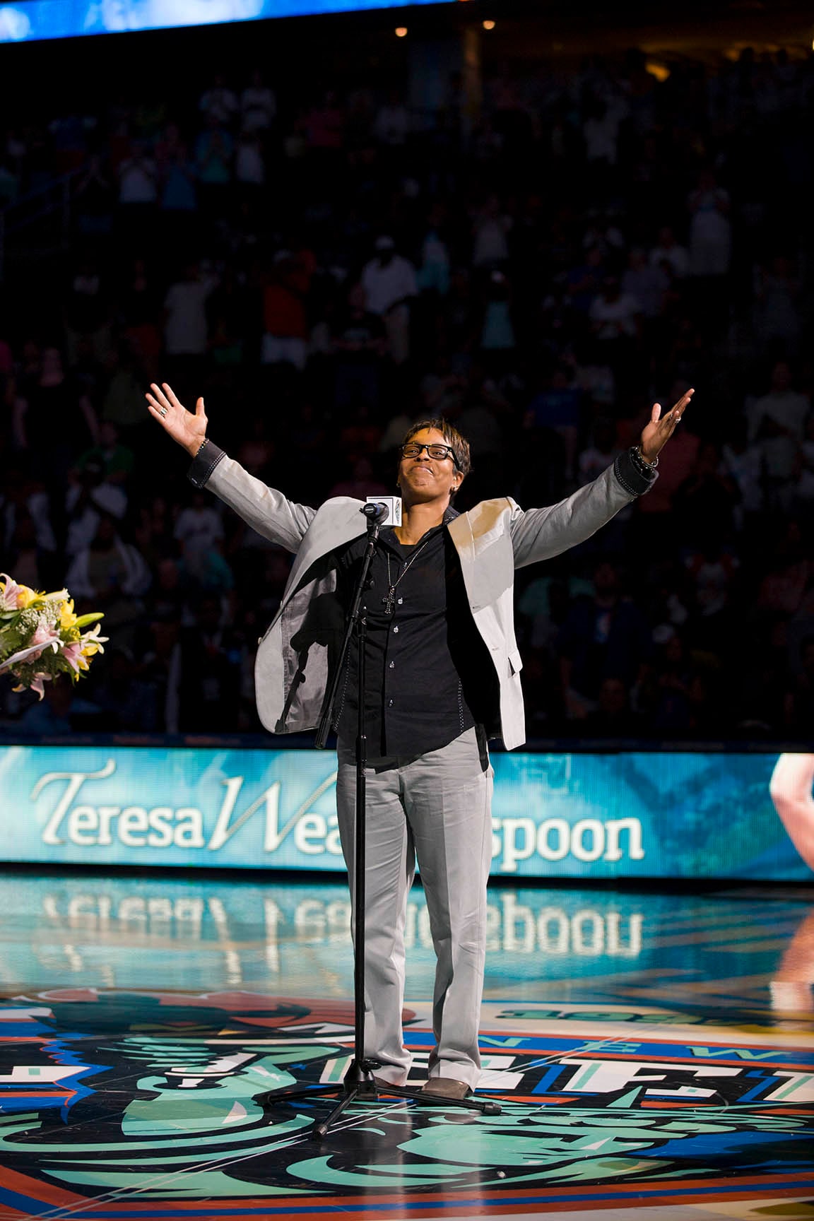 July 17, 2011: The New York Liberty versus the Tulsa Shock at the Prudential Center in Newark, New Jersey. The Liberty win, 88-57. The Liberty induct retired player Teresa Weatherspoon (1997-2003) into its "Ring of Honor" in a ceremony at halftime. After the game, fans have an opportunity to meet the Liberty team and coaching staff at a barbecue in Championship Plaza.