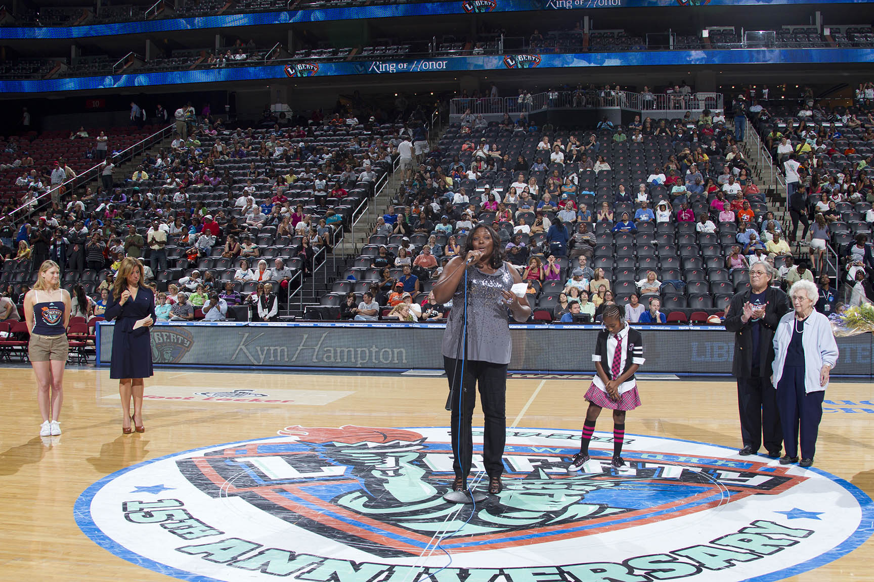 August 30, 2011; The New York Liberty versus the Chicago Sky at the Prudential Center in Newark, NJ. The Liberty win, 71-67. The Liberty induct retired player Kym Hampton (1997-1999) as the fifth and final member into its "Ring of Honor" in a halftime ceremony.