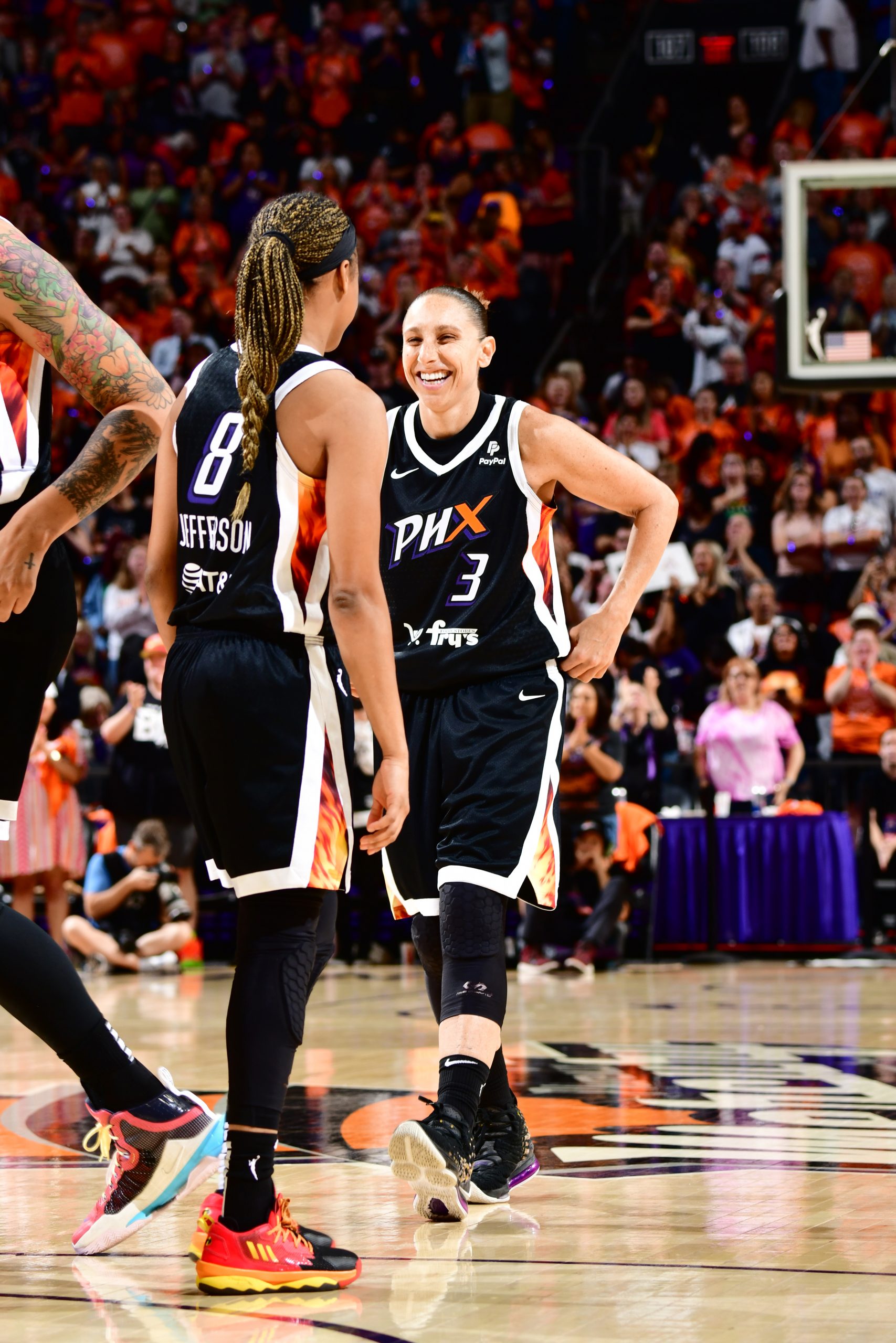 Moriah Jefferson #8 of the Phoenix Mercury and Diana Taurasi #3 of the Phoenix Mercury celebrate during the game against the Chicago Sky on MAY 21, 2023 at Footprint Center