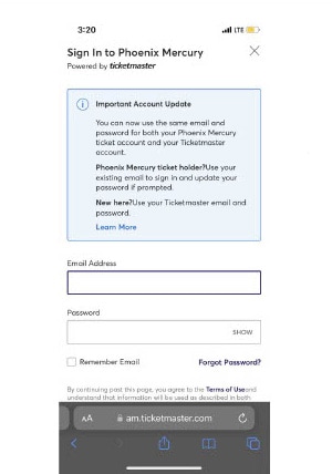 Screen Shot of ticketmaster log-in