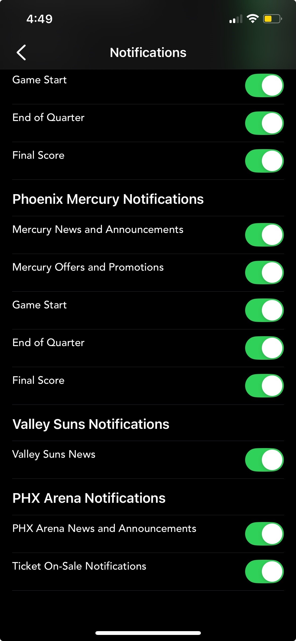 Screen Shot of Suns-Mercury-PHX Arena App select notifications