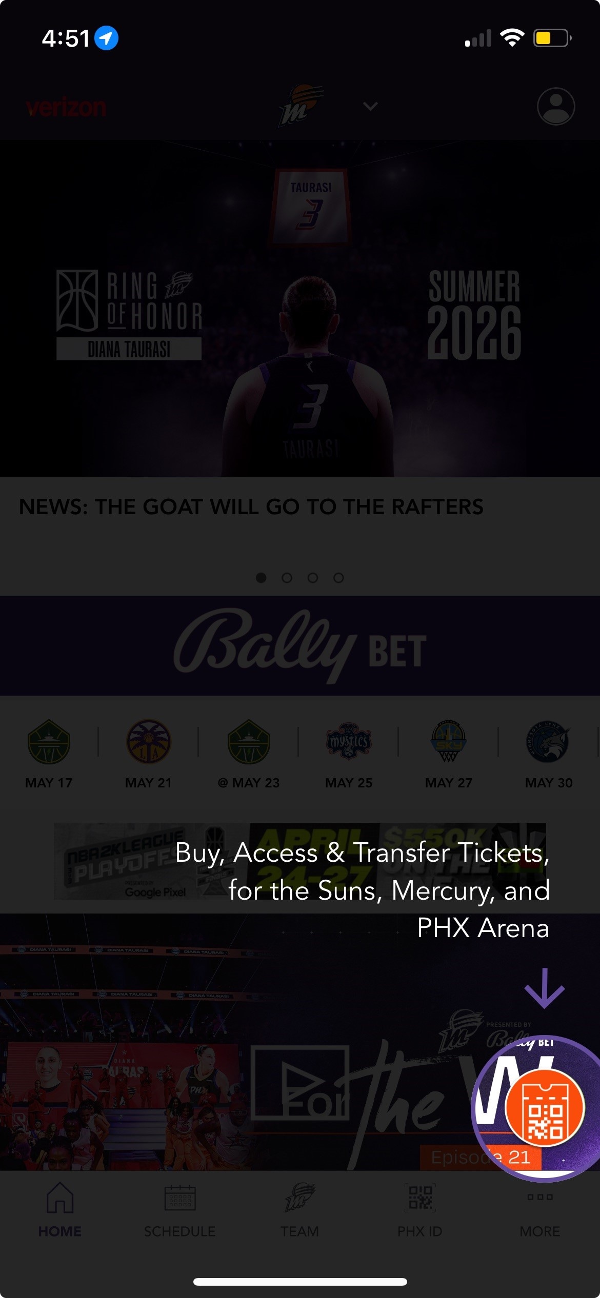 Screen Shot of Suns-Mercury-PHX Arena App tickets button