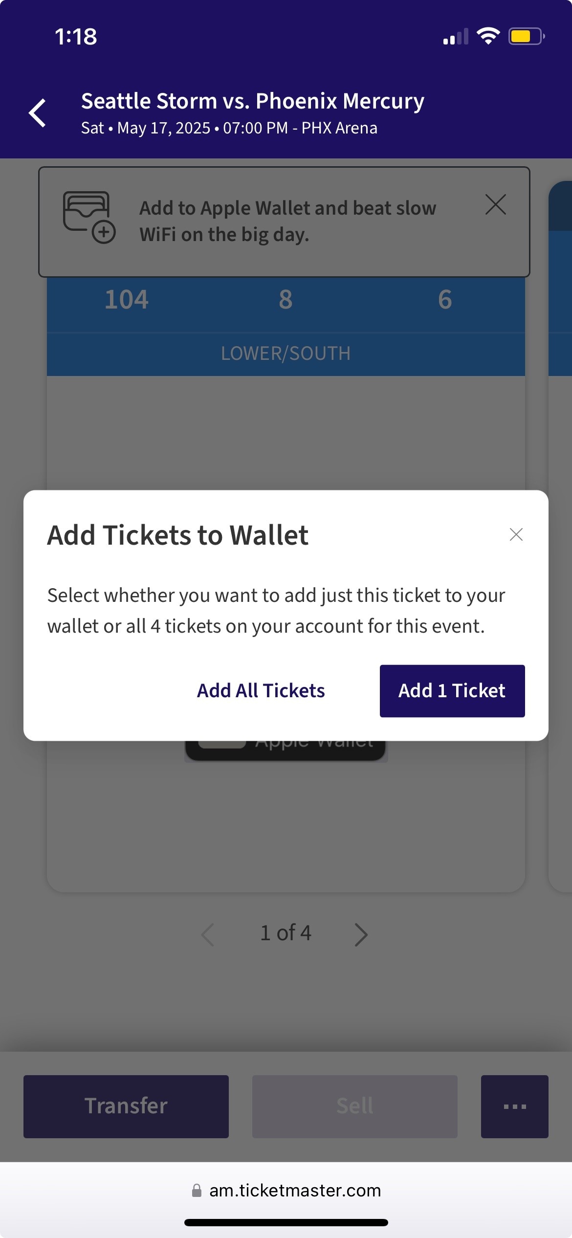 Screen Shot of ticketmaster webview - add to wallet