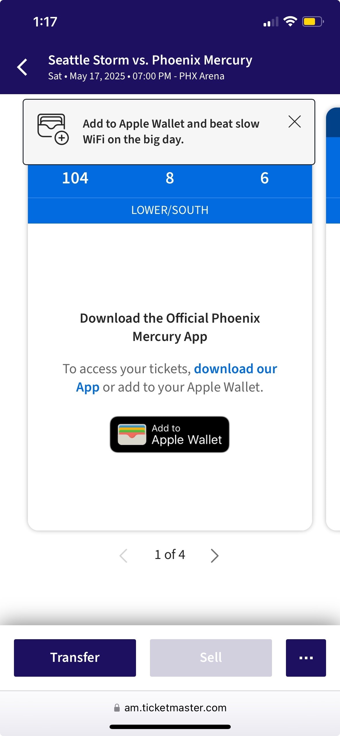 Screen Shot of ticketmaster ticket options