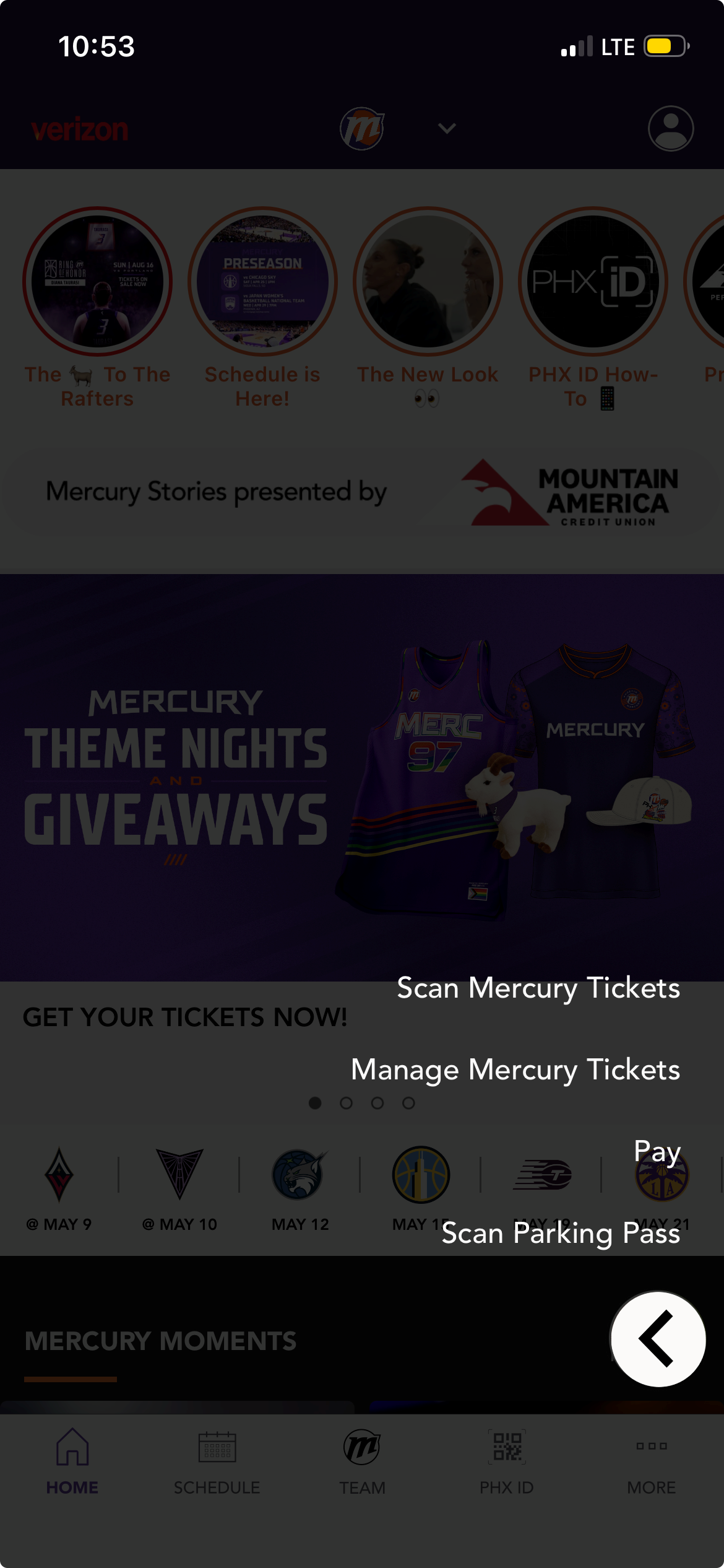 Screen Shot of Suns-Mercury-Mortgage Matchup Center App tickets button