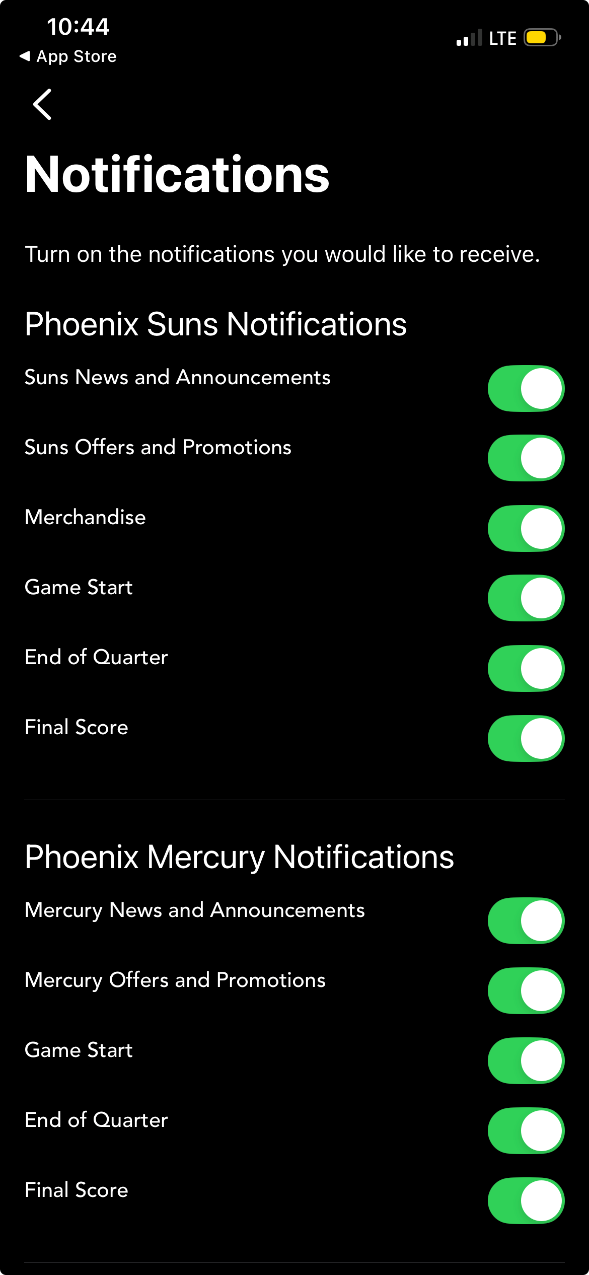 Screen Shot of Suns-Mercury-Mortgage Matchup Center App select notifications
