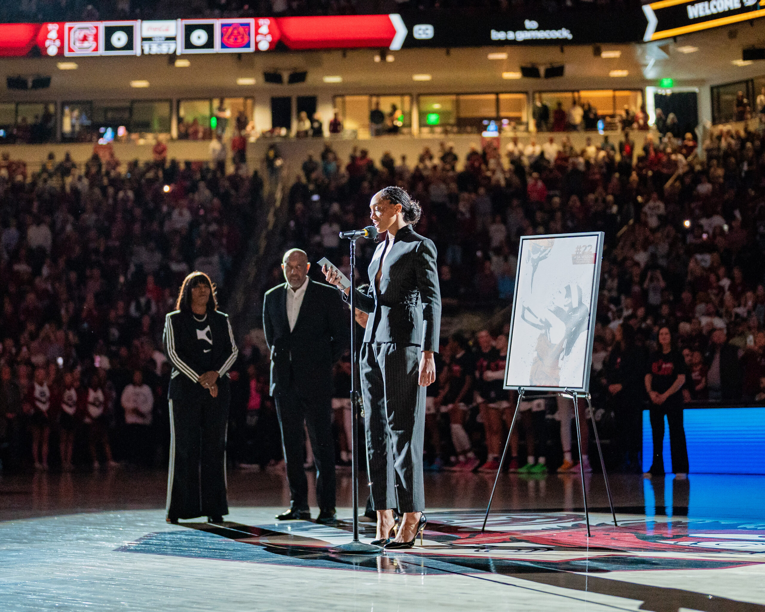 A'ja Wilson's University of South Carolina jersey retirement ceremony.