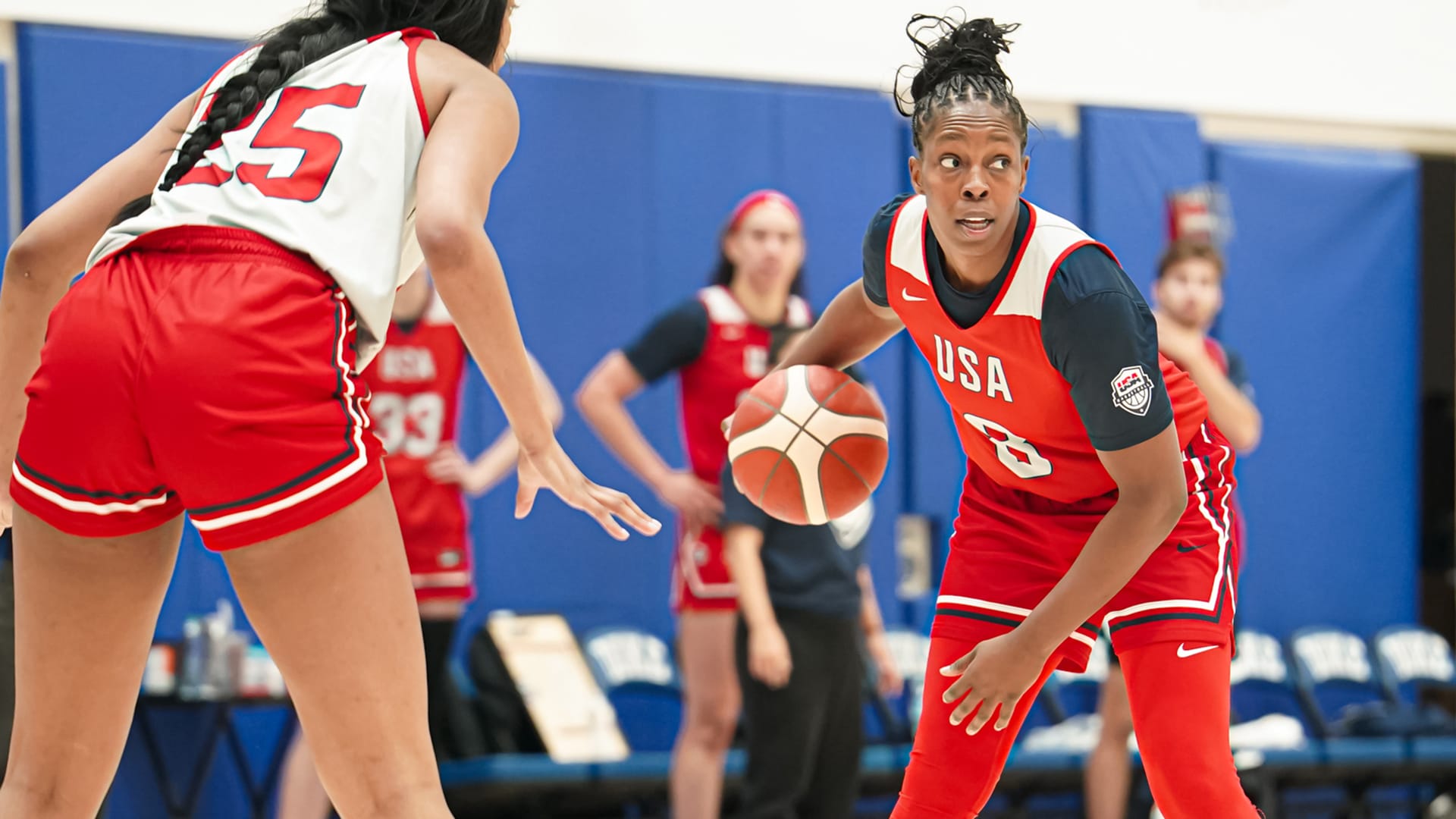 Chelsea Gray and Jackie Young at the December 2025 USA Women's National Team Training Camp (Photo Credit: USA Basketball)
