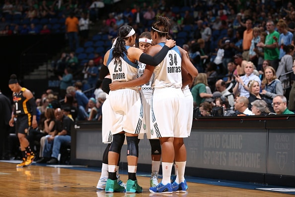 MINNEAPOLIS, MN - JUNE 5: The Minnesota Lynx huddle before the game against the Tulsa Shock during the season opener of their WNBA game on June 5, 2015 at Target Center in Minneapolis, Minnesota. NOTE TO USER: User expressly acknowledges and agrees that, by downloading and or using this Photograph, user is consenting to the terms and conditions of the Getty Images License Agreement. Mandatory Copyright Notice: Copyright 2015 NBAE (Photo by David Sherman/NBAE via Getty Images)