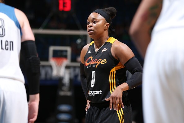 MINNEAPOLIS, MN - JUNE 5: Odyssey Sims #0 of the Tulsa Shock looks on against the Minnesota Lynx during the season opener of their WNBA game on June 5, 2015 at Target Center in Minneapolis, Minnesota. NOTE TO USER: User expressly acknowledges and agrees that, by downloading and or using this Photograph, user is consenting to the terms and conditions of the Getty Images License Agreement. Mandatory Copyright Notice: Copyright 2015 NBAE (Photo by David Sherman/NBAE via Getty Images)