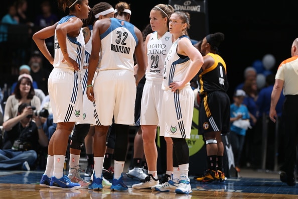 MINNEAPOLIS, MN - JUNE 5: The Minnesota Lynx huddle against the Tulsa Shock during the season opener of their WNBA game on June 5, 2015 at Target Center in Minneapolis, Minnesota. NOTE TO USER: User expressly acknowledges and agrees that, by downloading and or using this Photograph, user is consenting to the terms and conditions of the Getty Images License Agreement. Mandatory Copyright Notice: Copyright 2015 NBAE (Photo by David Sherman/NBAE via Getty Images)
