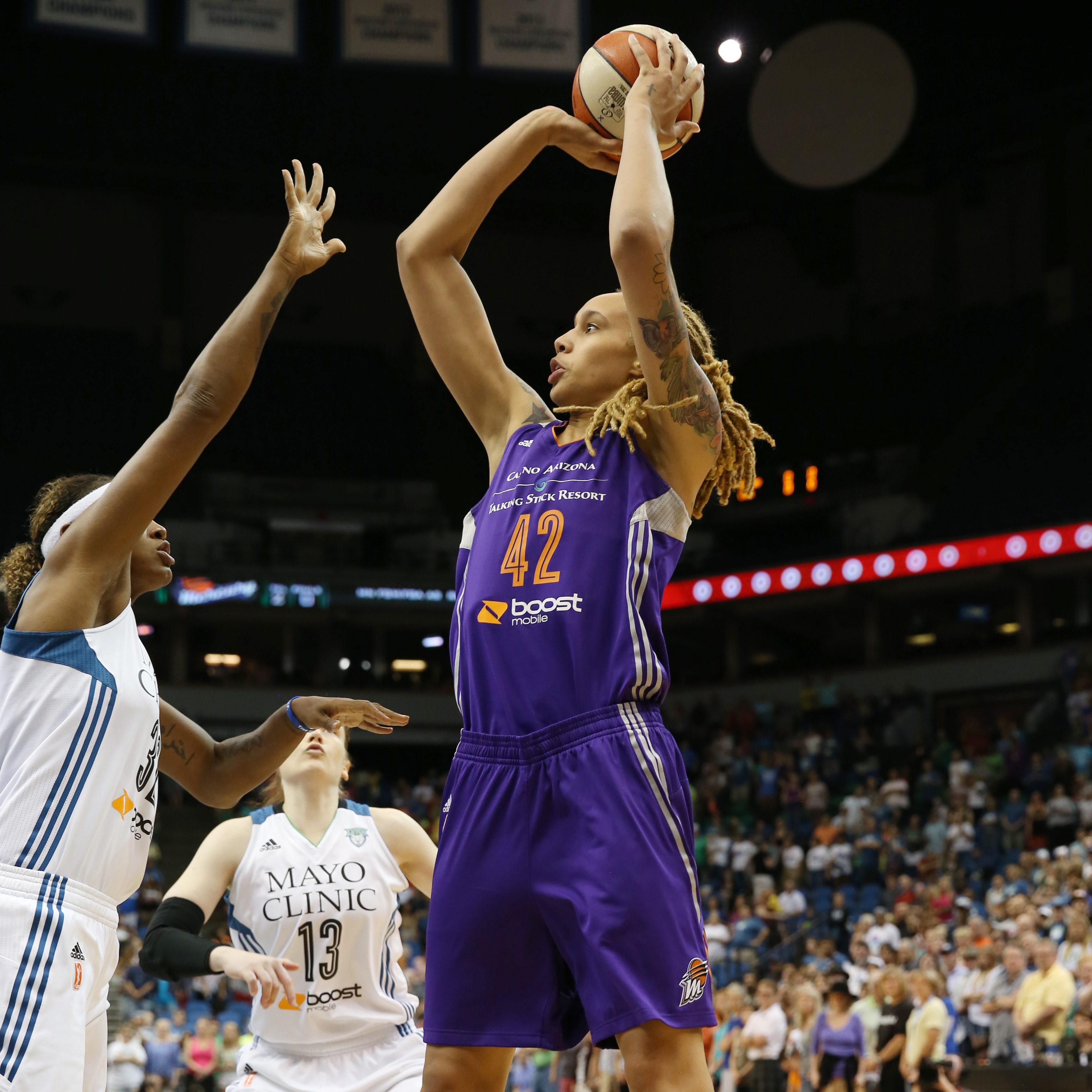 In her first game back from her seven-game suspension, Mercury center Brittney Griner scored 14 points and grabbed 11 rebounds while adding two blocked shots as well.
