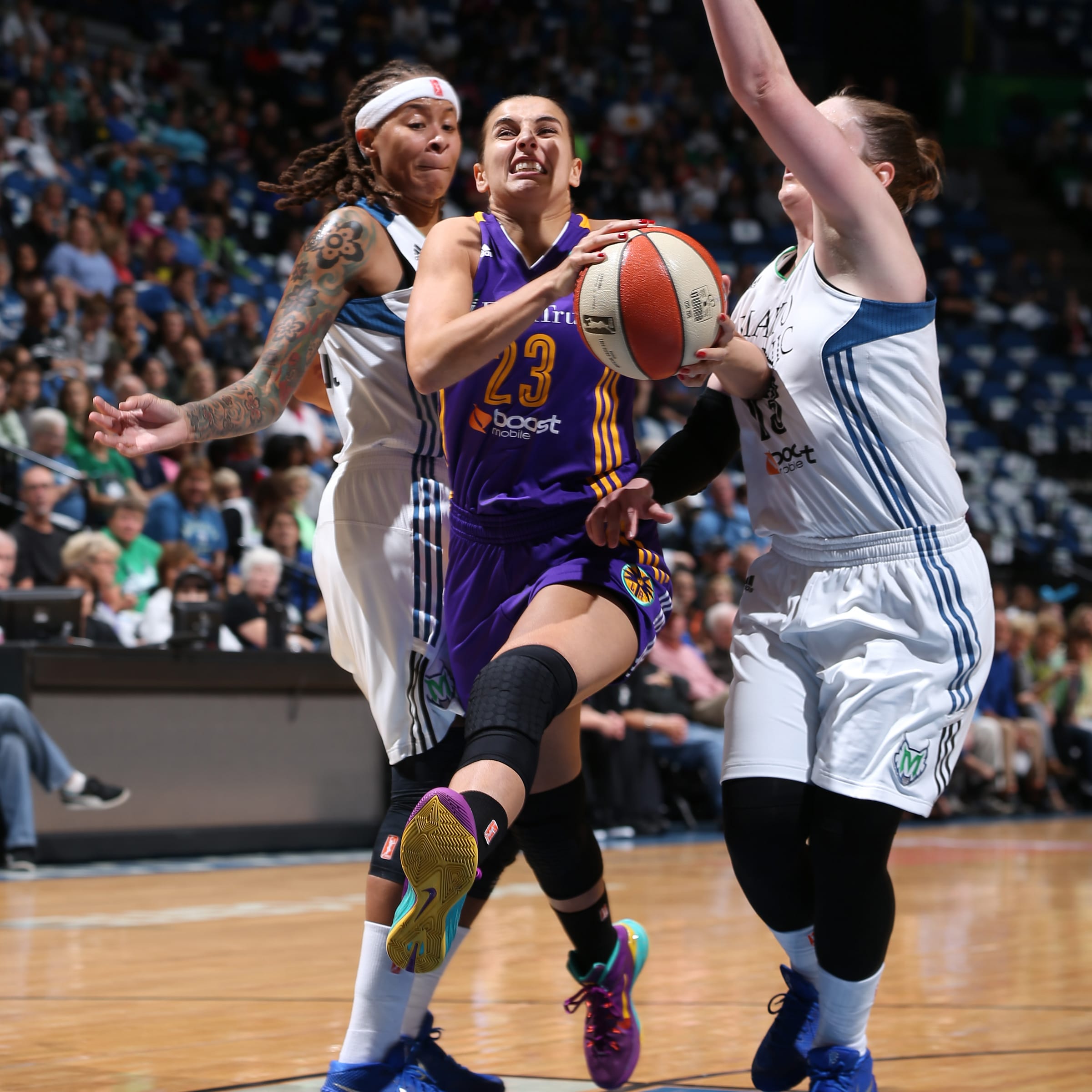 MINNEAPOLIS, MN - SEPTEMBER 18: Ana Dabovic #23 of the Los Angeles Sparks drives to the basket against the Minnesota Lynx during Game 1 of the 2015 WNBA Western Conference Semifinal on September 18, 2015 at Target Center in Minneapolis, Minnesota. NOTE TO USER: User expressly acknowledges and agrees that, by downloading and or using this Photograph, user is consenting to the terms and conditions of the Getty Images License Agreement. Mandatory Copyright Notice: Copyright 2015 NBAE (Photo by David Sherman/NBAE via Getty Images)