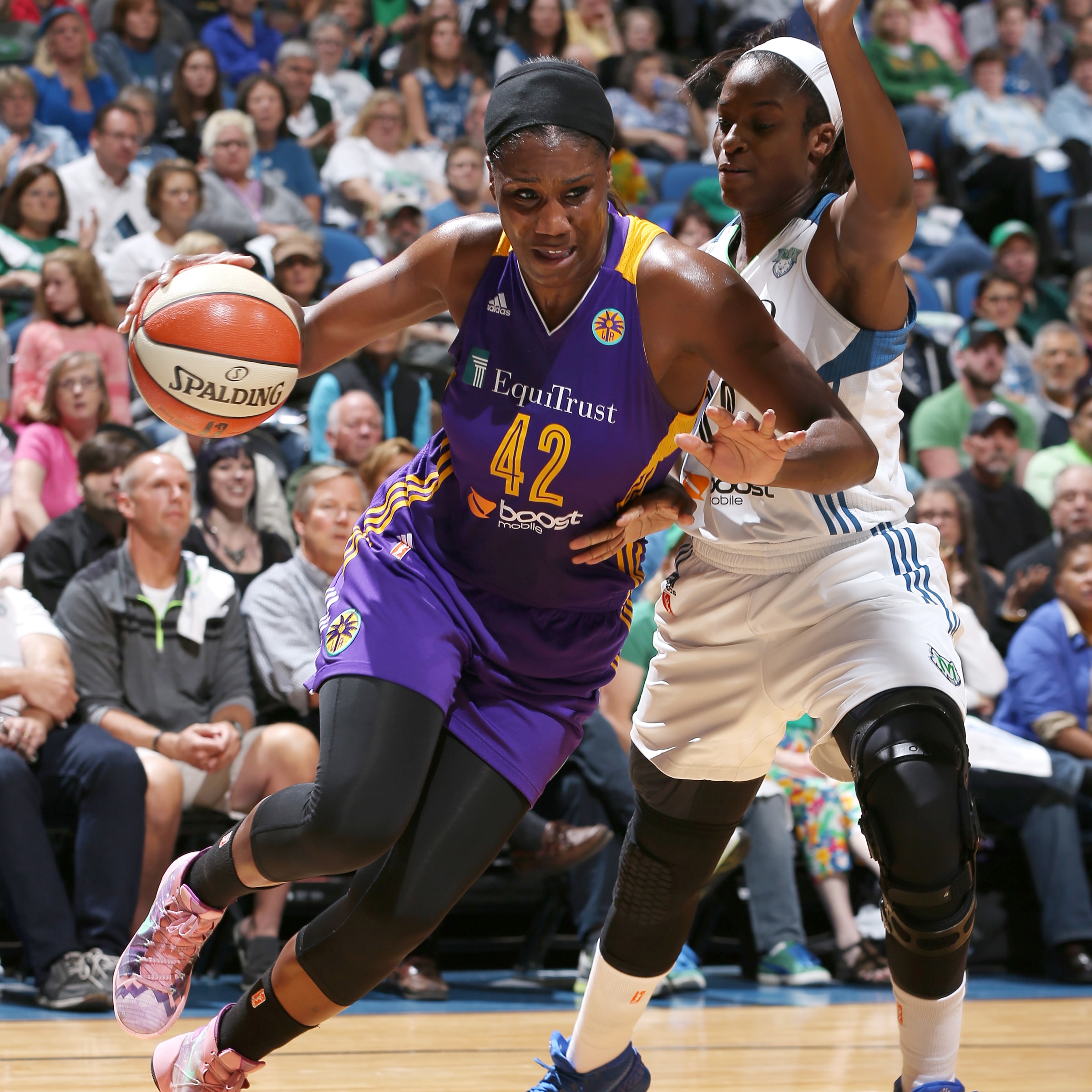 MINNEAPOLIS, MN - SEPTEMBER 18: Jantel Lavender #42 of the Los Angeles Sparks drives to the basket against the Minnesota Lynx during Game 1 of the 2015 WNBA Western Conference Semifinal on September 18, 2015 at Target Center in Minneapolis, Minnesota. NOTE TO USER: User expressly acknowledges and agrees that, by downloading and or using this Photograph, user is consenting to the terms and conditions of the Getty Images License Agreement. Mandatory Copyright Notice: Copyright 2015 NBAE (Photo by David Sherman/NBAE via Getty Images)