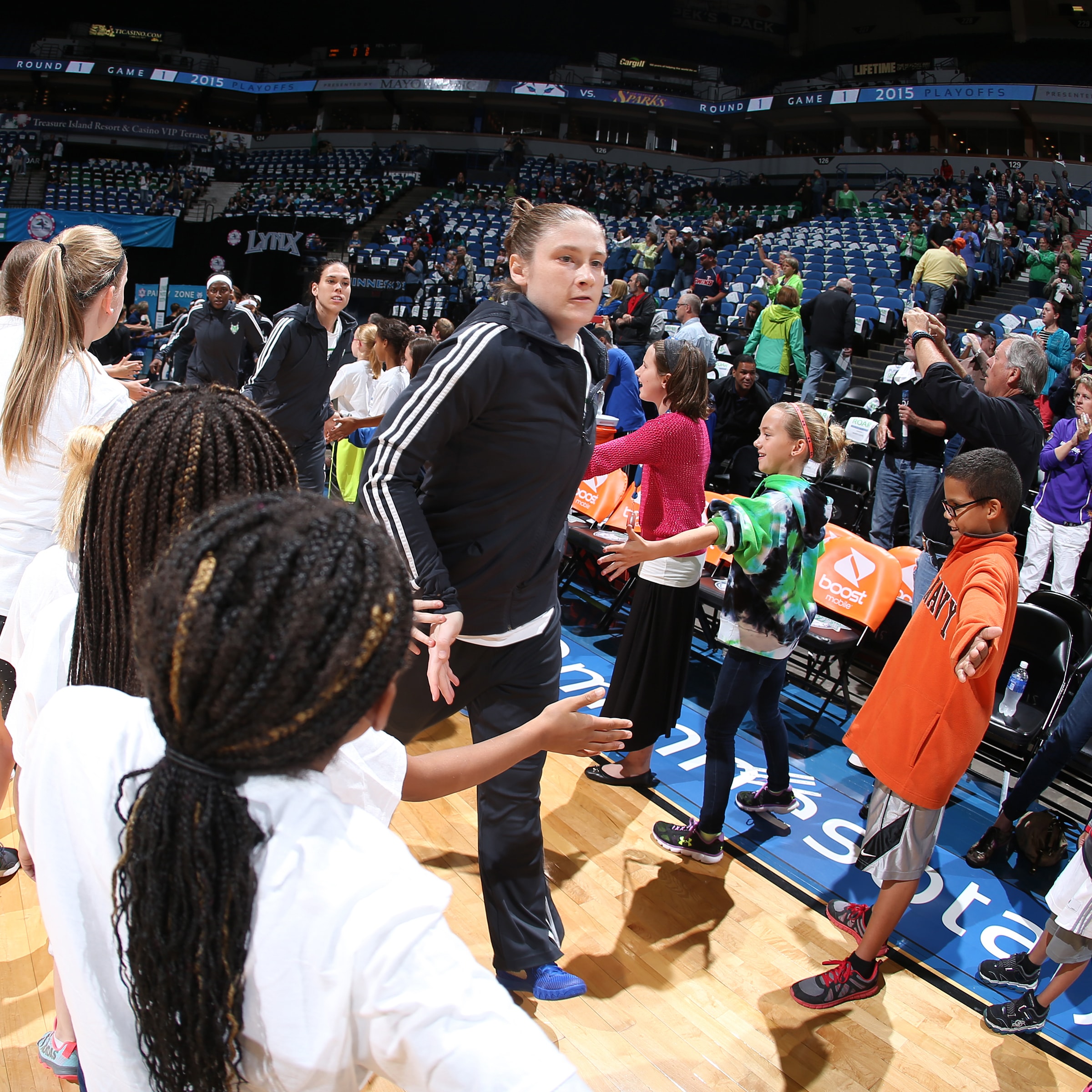 MINNEAPOLIS, MN - SEPTEMBER 18: Lindsay Whalen #13 of the Minnesota Lynx gets introduced before the game against the Los Angeles Sparks in Game 1 of the 2015 WNBA Western Conference Semifinal on September 18, 2015 at Target Center in Minneapolis, Minnesota. NOTE TO USER: User expressly acknowledges and agrees that, by downloading and or using this Photograph, user is consenting to the terms and conditions of the Getty Images License Agreement. Mandatory Copyright Notice: Copyright 2015 NBAE (Photo by David Sherman/NBAE via Getty Images)