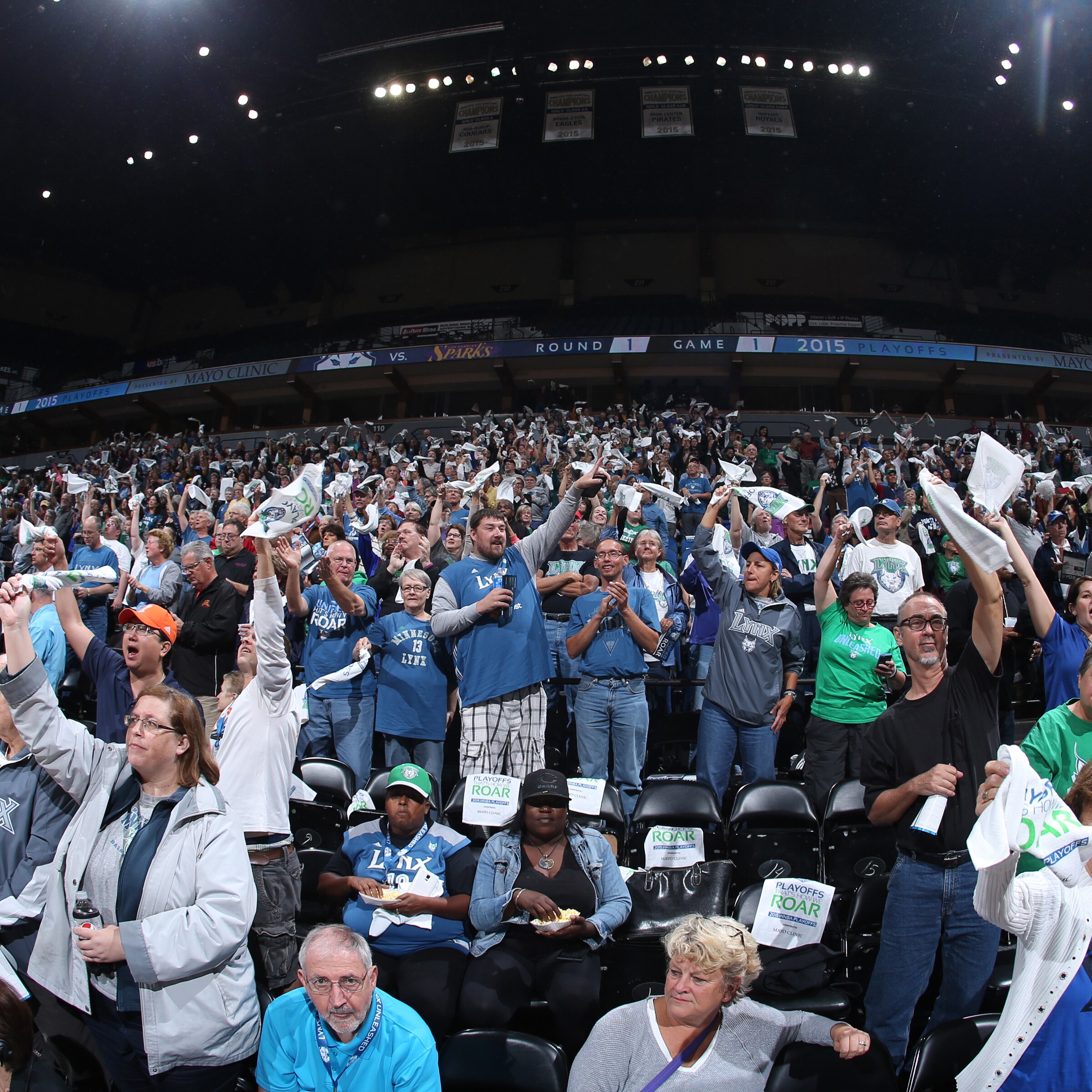 MINNEAPOLIS, MN - SEPTEMBER 18: Minnesota Lynx fans wave their towels before the game against the Los Angeles Sparks during Game 1 of the 2015 WNBA Western Conference Semifinal on September 18, 2015 at Target Center in Minneapolis, Minnesota. NOTE TO USER: User expressly acknowledges and agrees that, by downloading and or using this Photograph, user is consenting to the terms and conditions of the Getty Images License Agreement. Mandatory Copyright Notice: Copyright 2015 NBAE (Photo by David Sherman/NBAE via Getty Images)