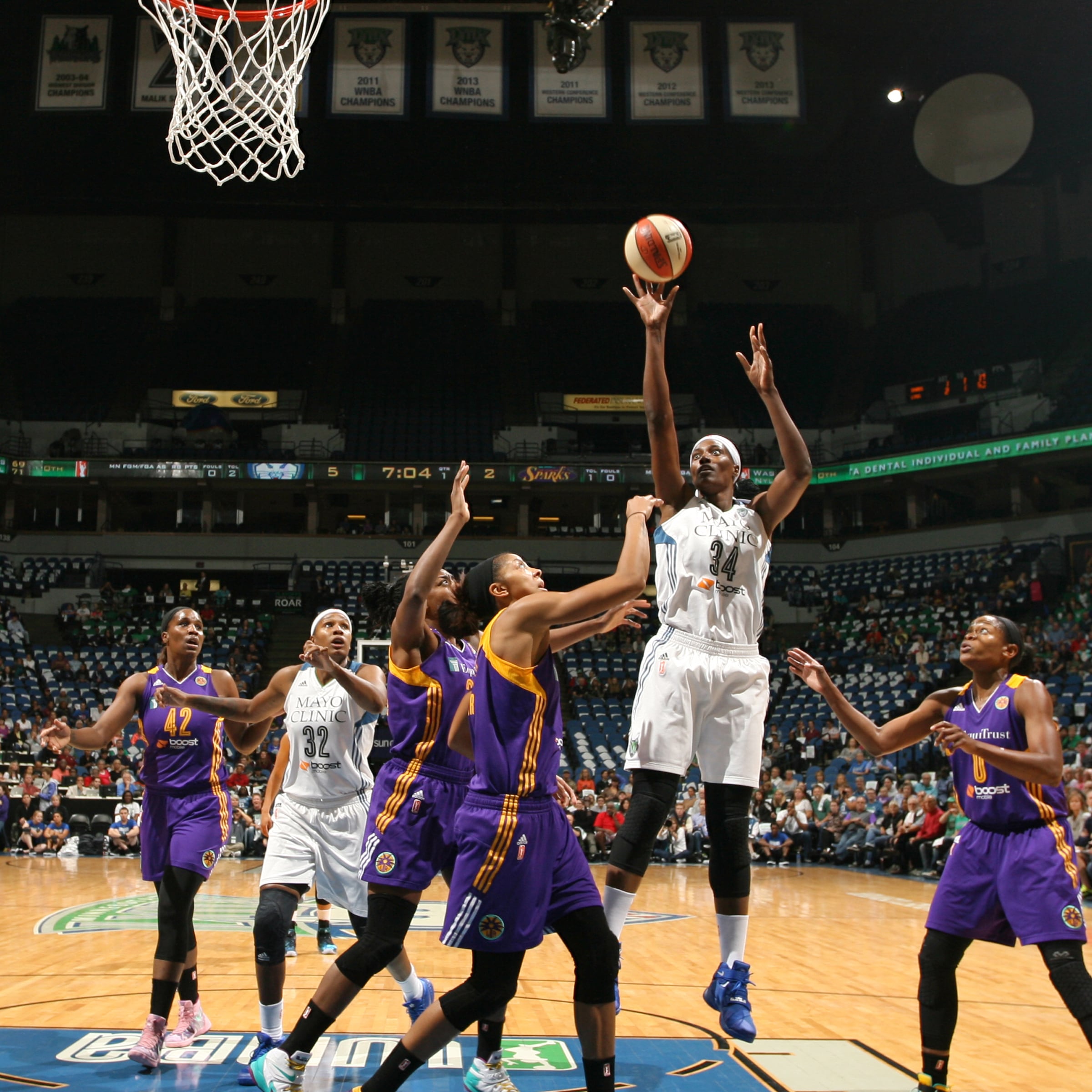 MINNEAPOLIS, MN - SEPTEMBER 18: Sylvia Fowles #34 of the Minnesota Lynx shoots the ball against the Los Angeles Sparks during Game 1 of the 2015 WNBA Western Conference Semifinal on September 18, 2015 at Target Center in Minneapolis, Minnesota. NOTE TO USER: User expressly acknowledges and agrees that, by downloading and or using this Photograph, user is consenting to the terms and conditions of the Getty Images License Agreement. Mandatory Copyright Notice: Copyright 2015 NBAE (Photo by David Sherman/NBAE via Getty Images)
