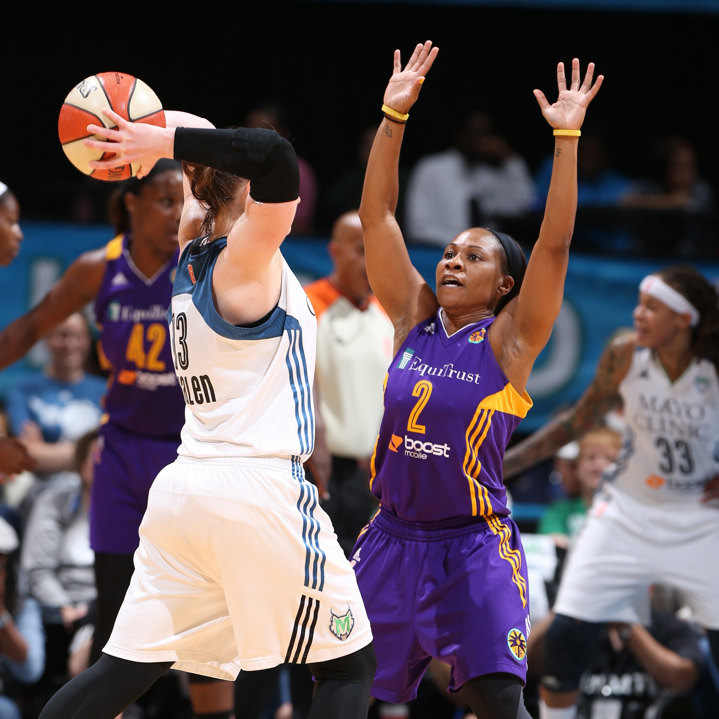 MINNEAPOLIS, MN - SEPTEMBER 18: Temeka Johnson #2 of the Los Angeles Sparks defends against the Minnesota Lynx during Game 1 of the 2015 WNBA Western Conference Semifinal on September 18, 2015 at Target Center in Minneapolis, Minnesota. NOTE TO USER: User expressly acknowledges and agrees that, by downloading and or using this Photograph, user is consenting to the terms and conditions of the Getty Images License Agreement. Mandatory Copyright Notice: Copyright 2015 NBAE (Photo by David Sherman/NBAE via Getty Images)