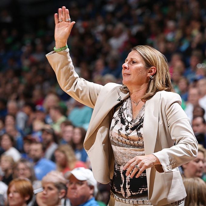 MINNEAPOLIS, MN - SEPTEMBER 24: Cheryl Reeve of the Minnesota Lynx coaches against the Phoenix Mercury against the Minnesota Lynx during Game One of the WNBA Western Conference Finals on September 24, 2015 at Target Center in Minneapolis, Minnesota. NOTE TO USER: User expressly acknowledges and agrees that, by downloading and or using this Photograph, user is consenting to the terms and conditions of the Getty Images License Agreement. Mandatory Copyright Notice: Copyright 2015 NBAE (Photo by David Sherman/NBAE via Getty Images)