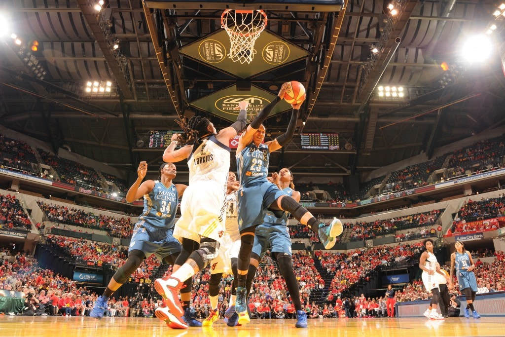 Maya Moore #23 of the Minnesota Lynx grabs the rebound against the Indiana Fever during Game Three of the 2015 WNBA Finals
