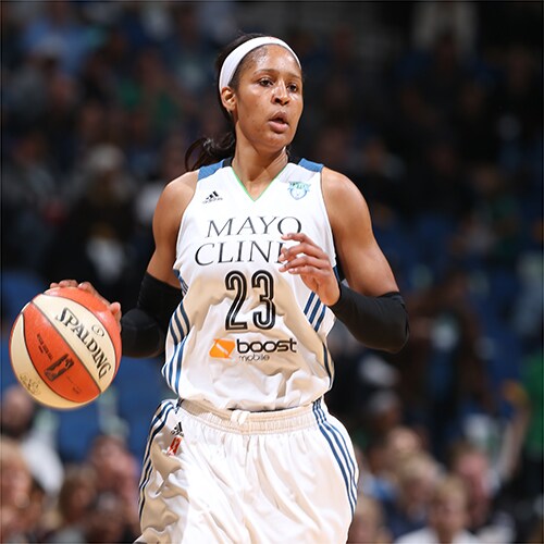 MINNEAPOLIS, MN - OCTOBER 6: Maya Moore #23 of the Minnesota Lynx handles the ball against the Indiana Fever during Game Two of the 2015 WNBA Finals on October 6, 2015 at Target Center in Minneapolis, Minnesota. NOTE TO USER: User expressly acknowledges and agrees that, by downloading and or using this Photograph, user is consenting to the terms and conditions of the Getty Images License Agreement. Mandatory Copyright Notice: Copyright 2015 NBAE (Photo by David Sherman/NBAE via Getty Images)