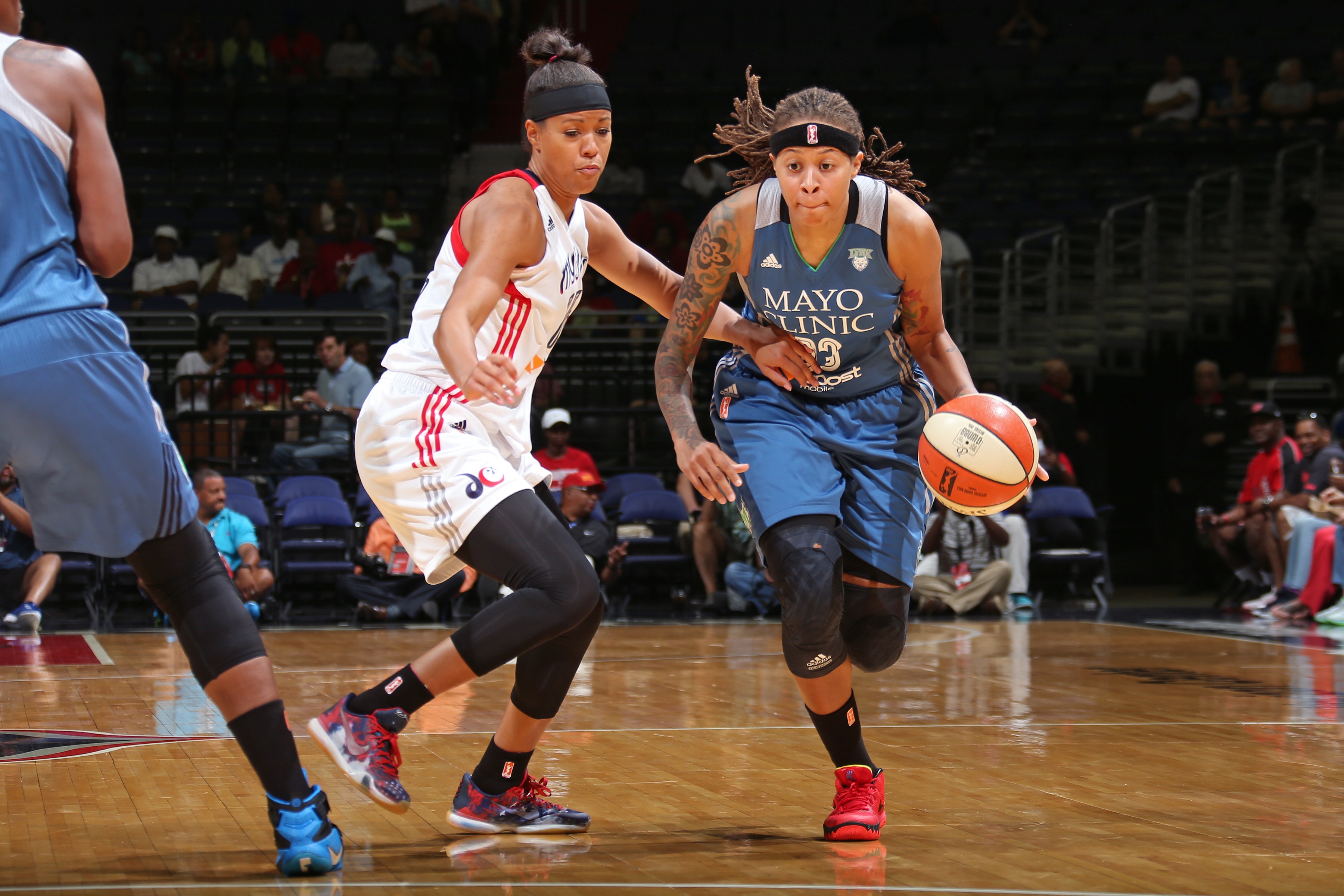 WASHINGTON, DC - AUGUST 16:  Seimone Augustus #33 of the Minnesota Lynx drives to the basket against the Washington Mystics on August 16, 2015 at the Verizon Center in Washington, DC. NOTE TO USER: User expressly acknowledges and agrees that, by downloading and or using this Photograph, user is consenting to the terms and conditions of the Getty Images License Agreement. Mandatory Copyright Notice: Copyright 2015 NBAE (Photo by Ned Dishman/NBAE via Getty Images)