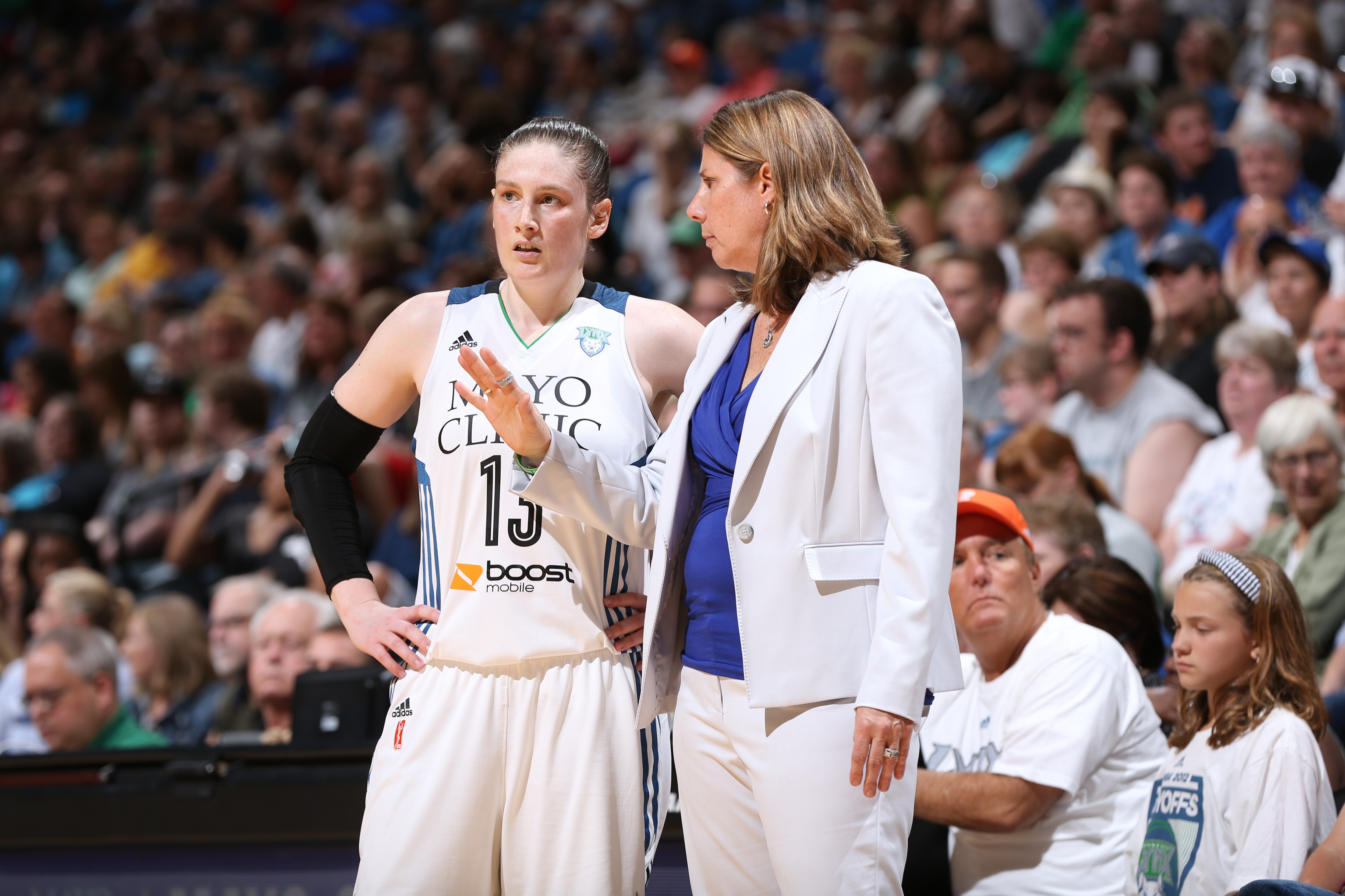 MINNEAPOLIS, MN - JUNE 5: Head Coach Cheryl Reeve of the Minnesota Lynx talks to Lindsay Whalen #13 against the Tulsa Shock during the season opener of their WNBA game on June 5, 2015 at Target Center in Minneapolis, Minnesota. NOTE TO USER: User expressly acknowledges and agrees that, by downloading and or using this Photograph, user is consenting to the terms and conditions of the Getty Images License Agreement. Mandatory Copyright Notice: Copyright 2015 NBAE (Photo by David Sherman/NBAE via Getty Images)