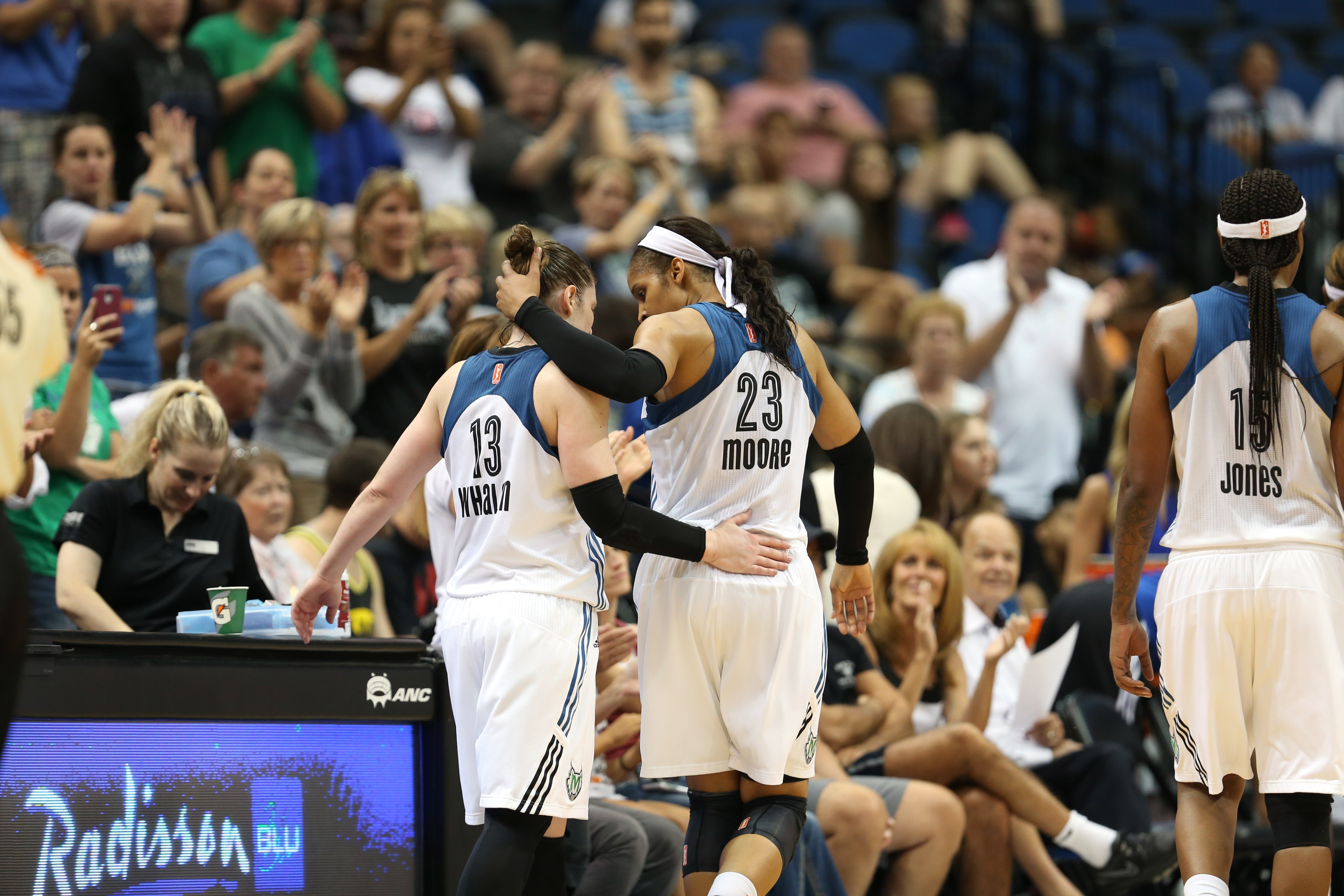 MINNEAPOLIS, MN - JULY 17: Lindsay Whalen #13 of the Minnesota Lynx celebrates with Maya Moore #23 of the Minnesota Lynx against the Chicago Sky on July 17, 2015 at Target Center in Minneapolis, Minnesota. NOTE TO USER: User expressly acknowledges and agrees that, by downloading and or using this Photograph, user is consenting to the terms and conditions of the Getty Images License Agreement. Mandatory Copyright Notice: Copyright 2015 NBAE (Photo by Jordan Johnson/NBAE via Getty Images)