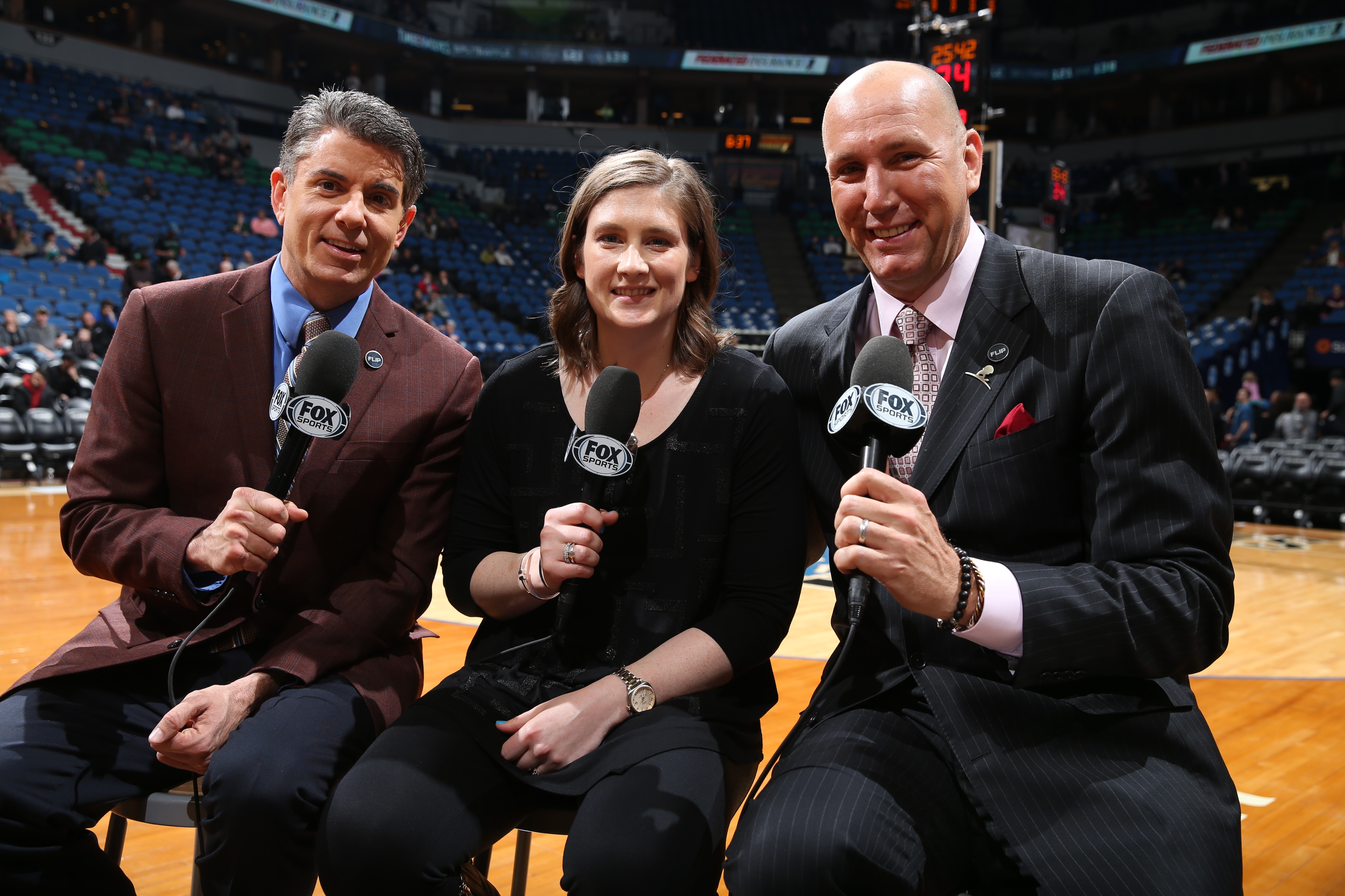 MINNEAPOLIS, MN - MARCH 30: Lindsay Whalen of the Minnesota Lynx joins the broadcasting crew Dave Benz and Jim Petersen before the game between the Minnesota Timberwolves and Los Angeles Clippers on March 30, 2016 at Target Center in Minneapolis, Minnesota. NOTE TO USER: User expressly acknowledges and agrees that, by downloading and or using this Photograph, user is consenting to the terms and conditions of the Getty Images License Agreement. Mandatory Copyright Notice: Copyright 2016 NBAE (Photo by David Sherman/NBAE via Getty Images)