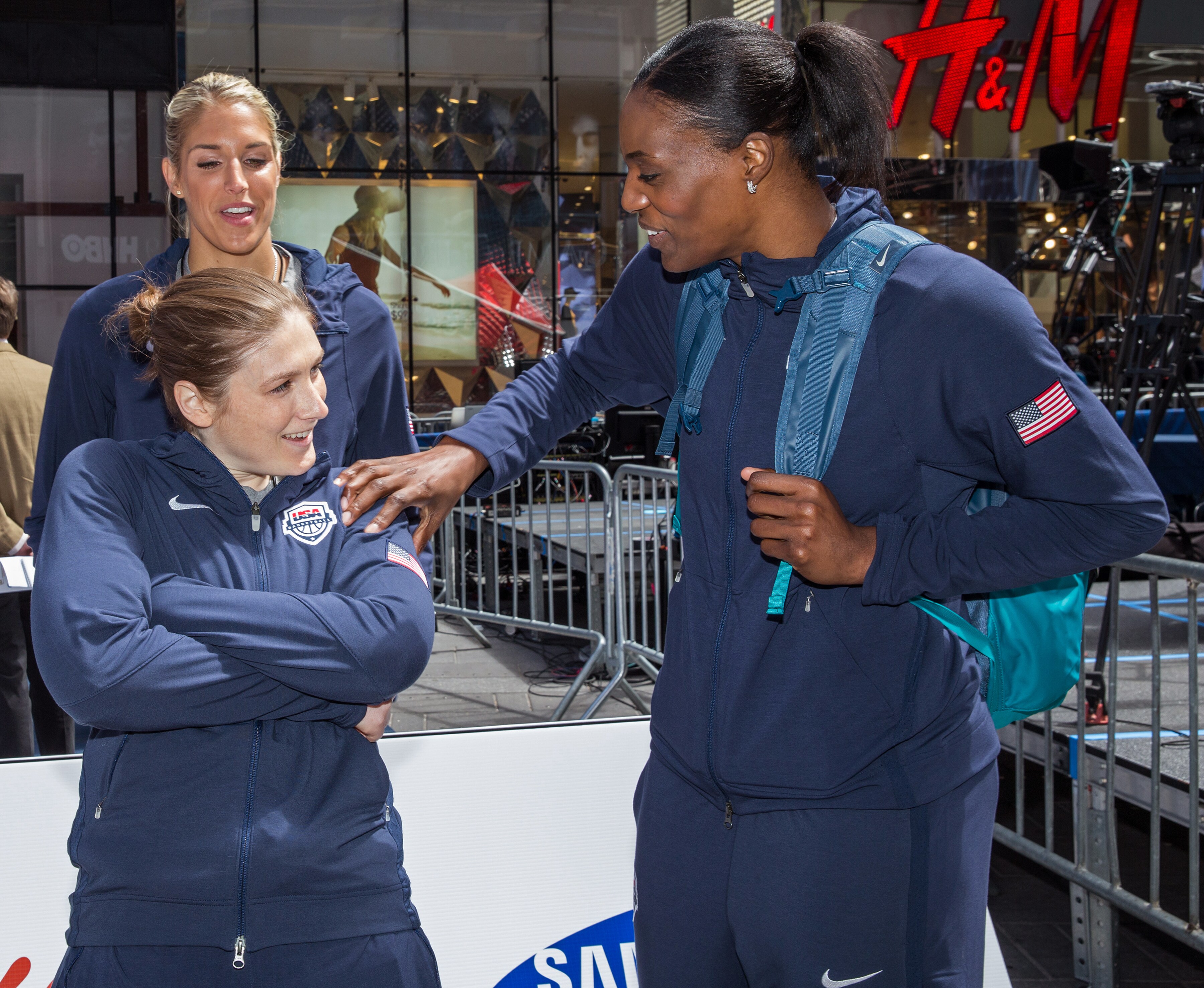 NEW YORK, NY - APRIL 28: Elena Delle Donne, Sylvia Fowles and Lindsay Whalen attend the announcement of the USAB Women's National team in Times Square on April 28, 2016 in New York, New York. NOTE TO USER: User expressly acknowledges and agrees that, by downloading and/or using this photograph, user is consenting to the terms and conditions of the Getty Images License Agreement. Mandatory Copyright Notice: Copyright 2016 NBAE (Photo by Mike LeBrecht/NBAE via Getty Images)