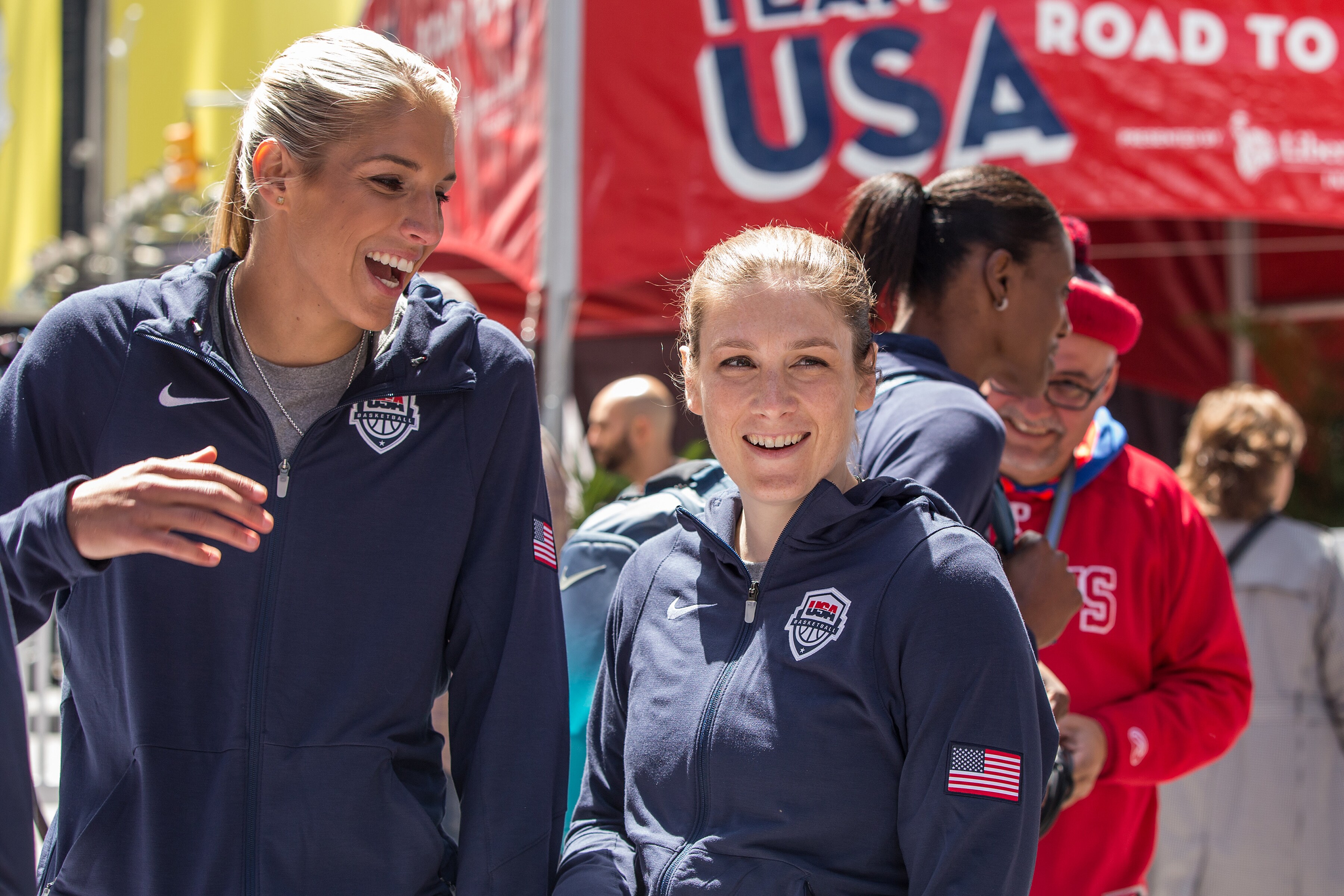 NEW YORK, NY - APRIL 28: Elena Delle Donne and Lindsay Whalen attend the announcement of the USAB Women's National team in Times Square on April 28, 2016 in New York, New York. NOTE TO USER: User expressly acknowledges and agrees that, by downloading and/or using this photograph, user is consenting to the terms and conditions of the Getty Images License Agreement. Mandatory Copyright Notice: Copyright 2016 NBAE (Photo by Mike LeBrecht/NBAE via Getty Images)
