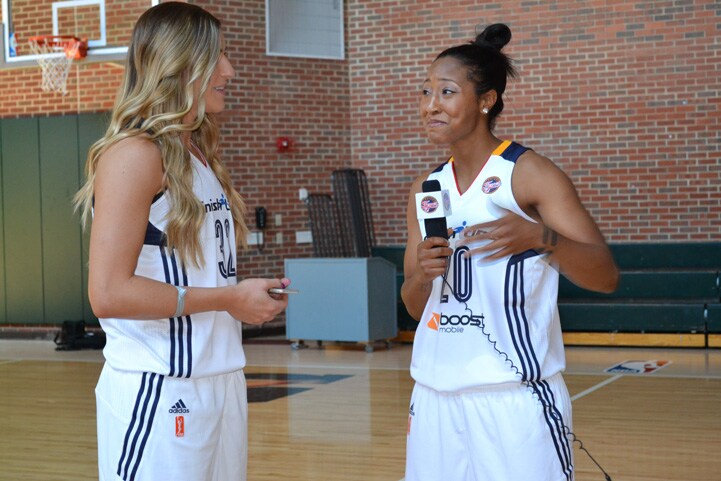 Briann January and Jeanette Pohlen have some fun during Indiana Fever Media Day.