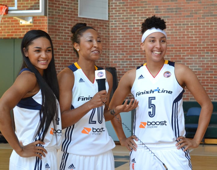 Sydney Carter (left), Briann January (#20) and Layshia Clarendon (#5) have some fun during Indiana Fever Media Day.