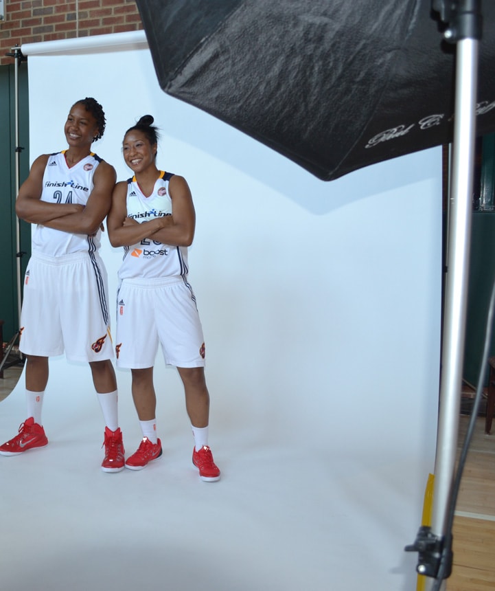 Tamika Catchings (left) and Briann January pose for a photo during Indiana Fever Media Day.