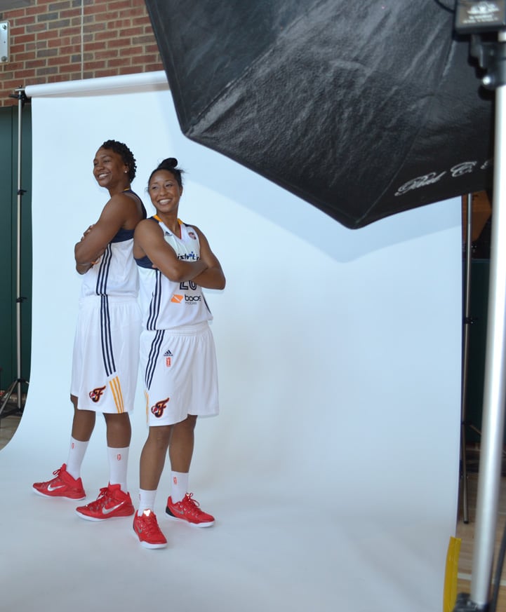 Tamika Catchings (left) and Briann January pose for a photo during Indiana Fever Media Day.