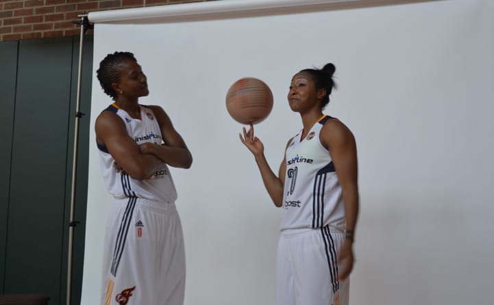 Tamika Catchings (left) and Briann January pose for a photo during Indiana Fever Media Day.