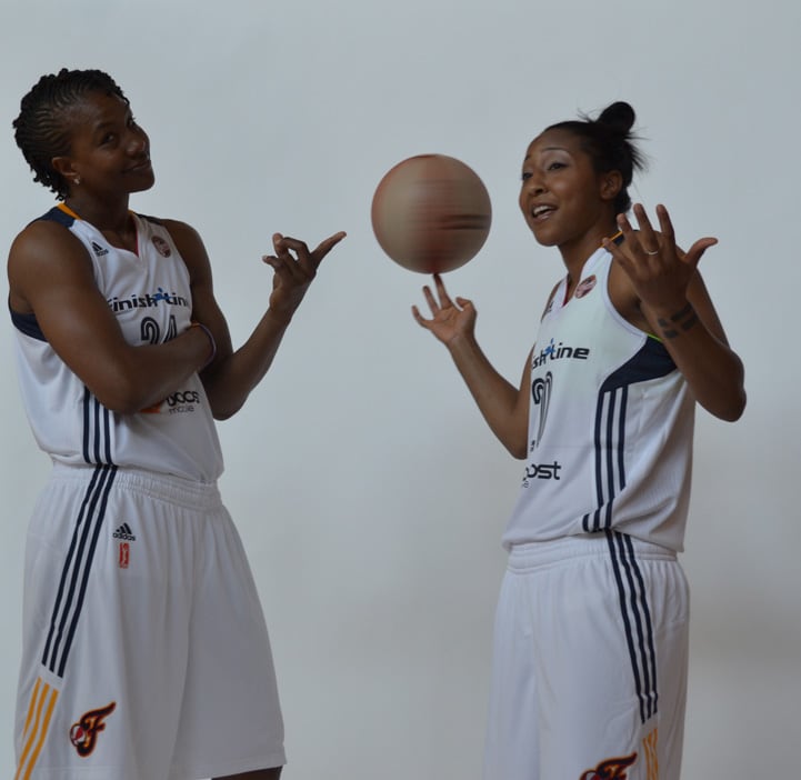 Tamika Catchings (left) and Briann January pose for a photo during Indiana Fever Media Day.