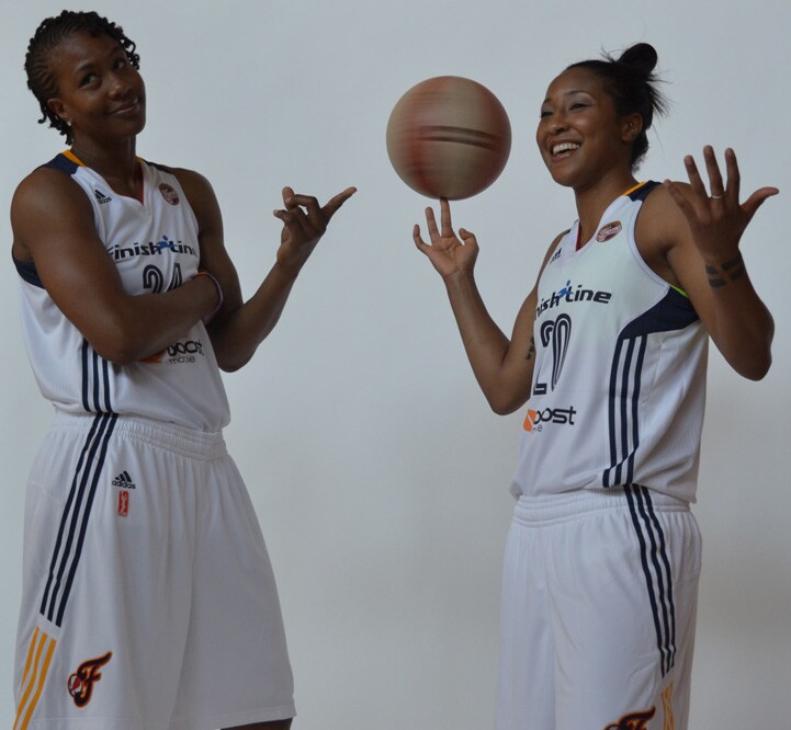 Tamika Catchings (left) and Briann January pose for a photo during Indiana Fever Media Day.