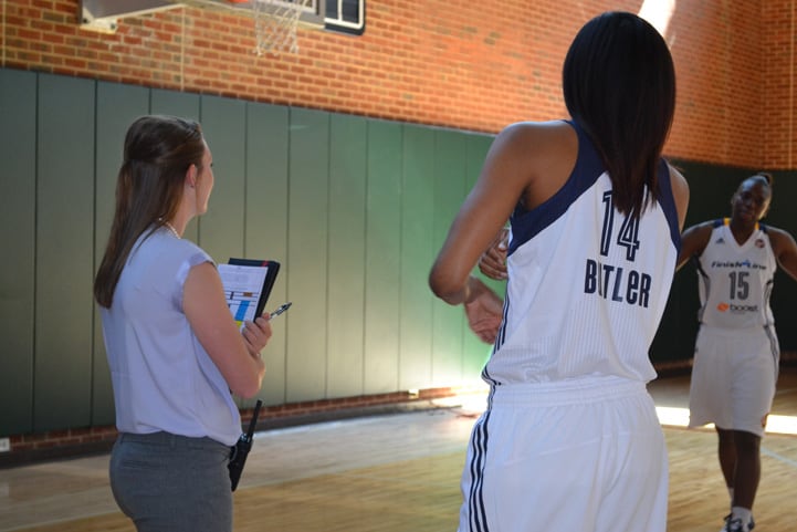 Briana Butler looks on as Tyaunna Marshall poses for a photo during Indiana Fever Media Day.