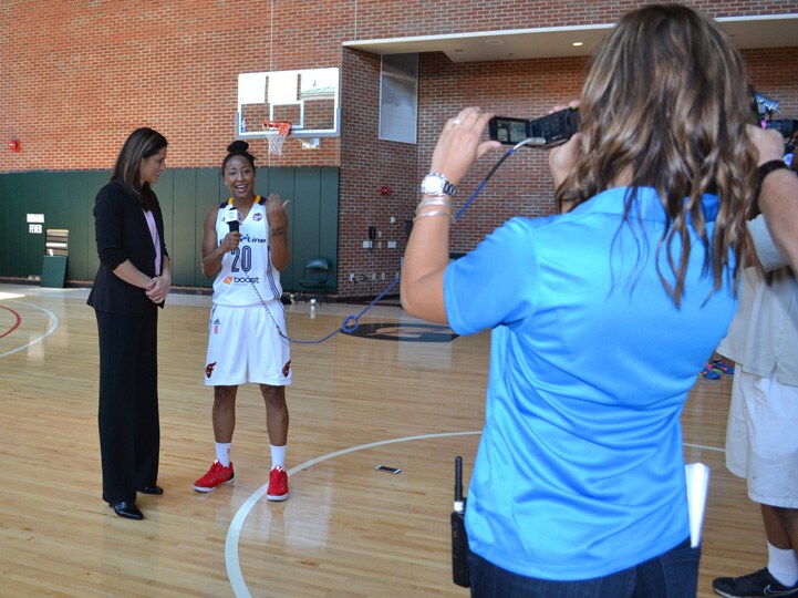 Briann January interviews her head coach Stephanie White during Indiana Fever Media Day.