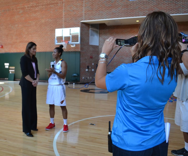 Briann January interviews her head coach Stephanie White during Indiana Fever Media Day.