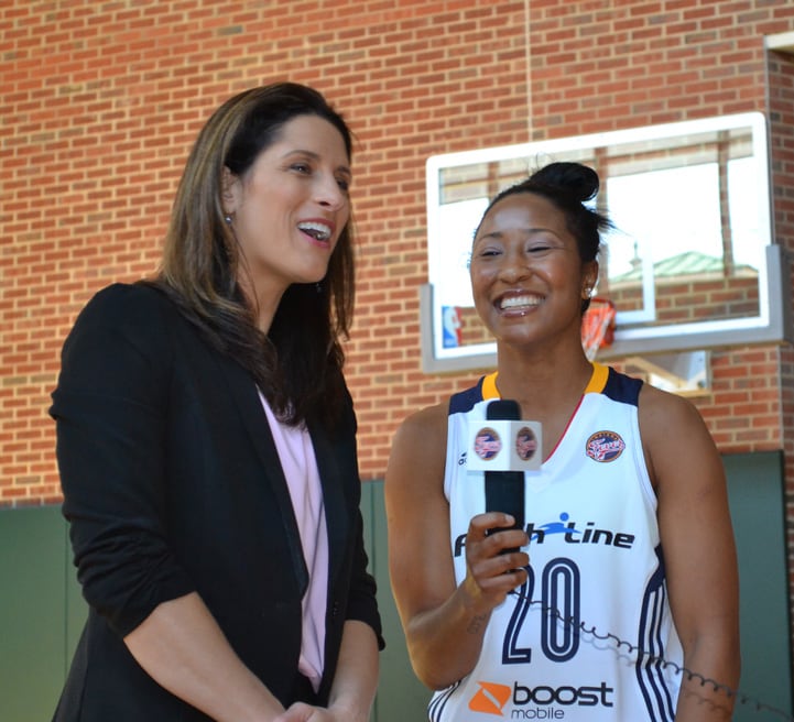 Briann January interviews her head coach Stephanie White during Indiana Fever Media Day.