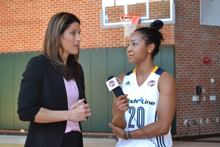Briann January interviews her head coach Stephanie White during Indiana Fever Media Day.