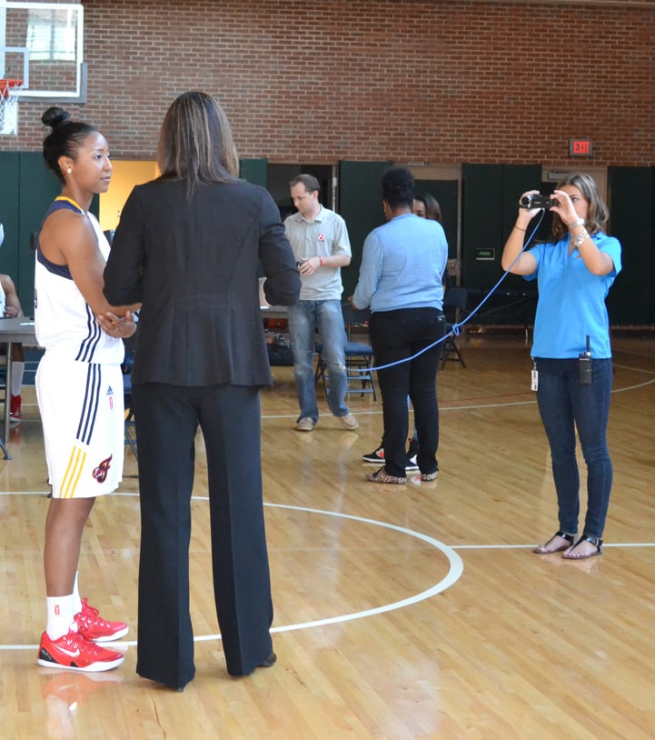 Briann January interviews her head coach Stephanie White during Indiana Fever Media Day.