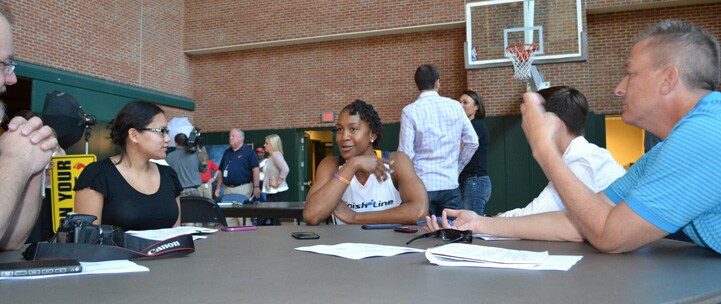 Tamika Catchings talks with the media at Indiana Fever Media Day.