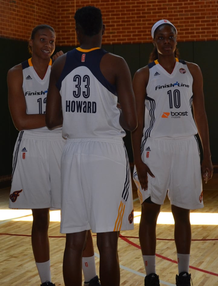 Alicia DeVaughn (left), Natasha Howard (#33) and Chelsea Gardner converse at Indiana Fever Media Day.
