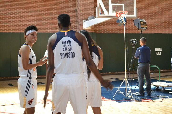 Layshia Clarendon (left), Natasha Howard (#33) and Sydney Carter during Indiana Fever Media Day.
